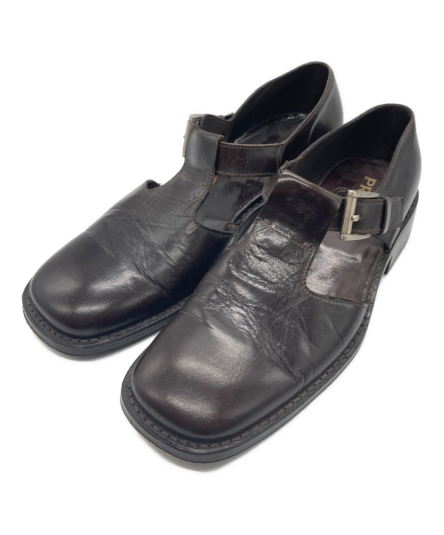 中古・古着通販】PRADA (プラダ) レザースクエアストラップシューズ 