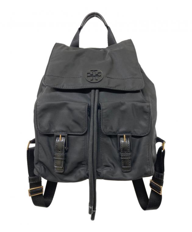 美品 トリーバーチ リュック ナイロン レザー 革 デカロゴ 編み込み ブラック 中古・古着通販】TORY BURCH (トリーバーチ) ロゴナイロンリュック