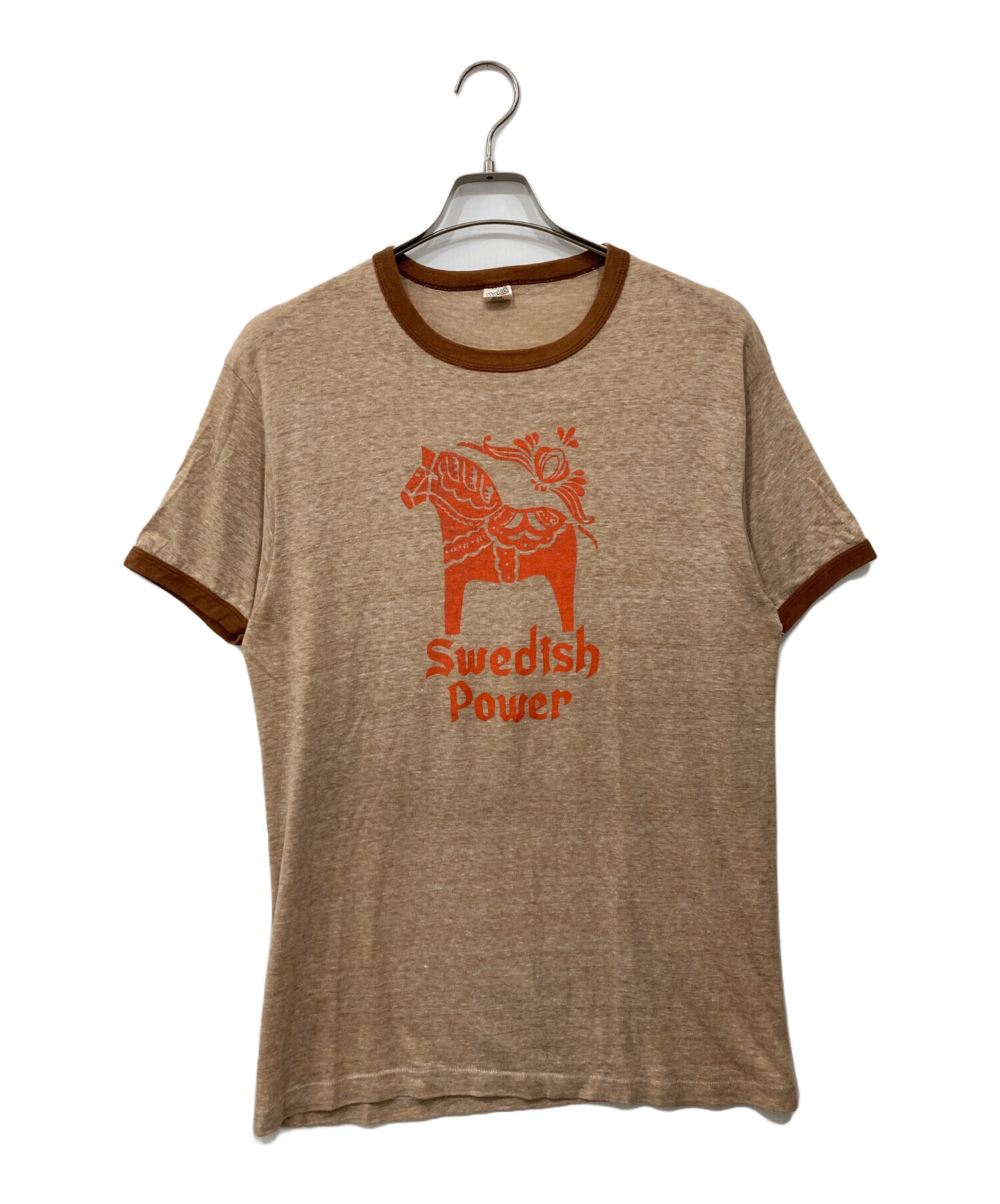 中古・古着通販】Hanes (ヘインズ) リンガーTシャツ ベージュ×ブラウン 