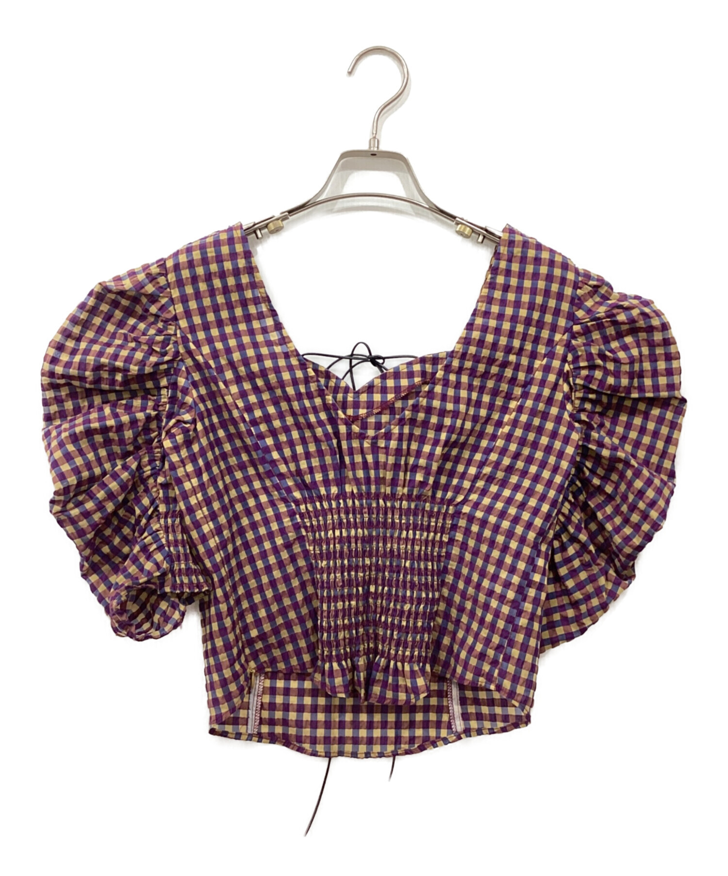 中古・古着通販】AMERI (アメリ) CHECK PUFF SLEEVE TOP パープル