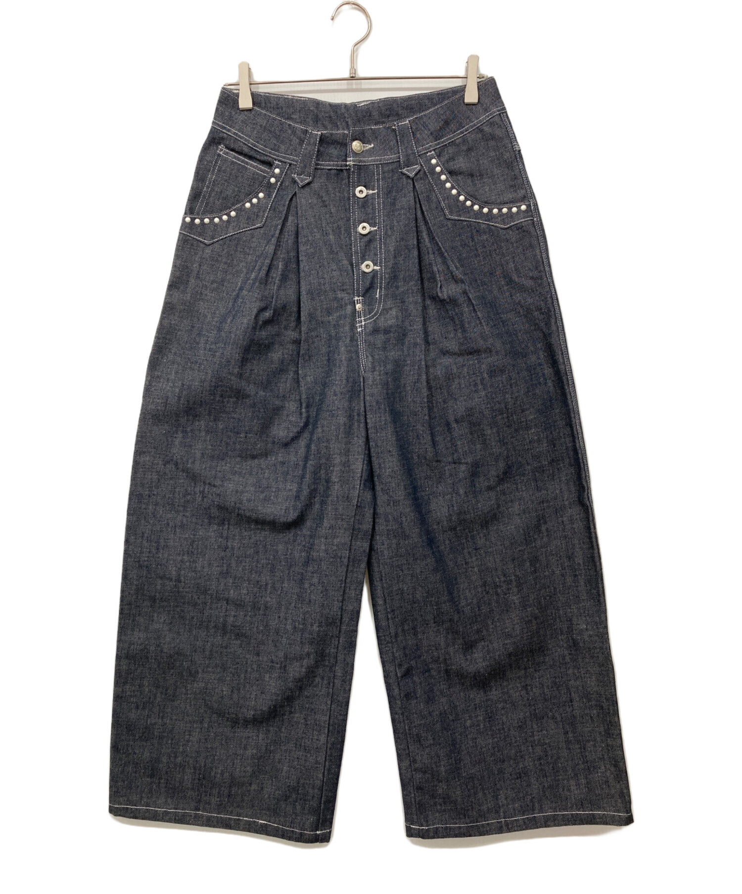 パール装飾 ワイドデニムパンツ 中古・古着通販】Abuku (アブク) フロントタックパールワイドデニム