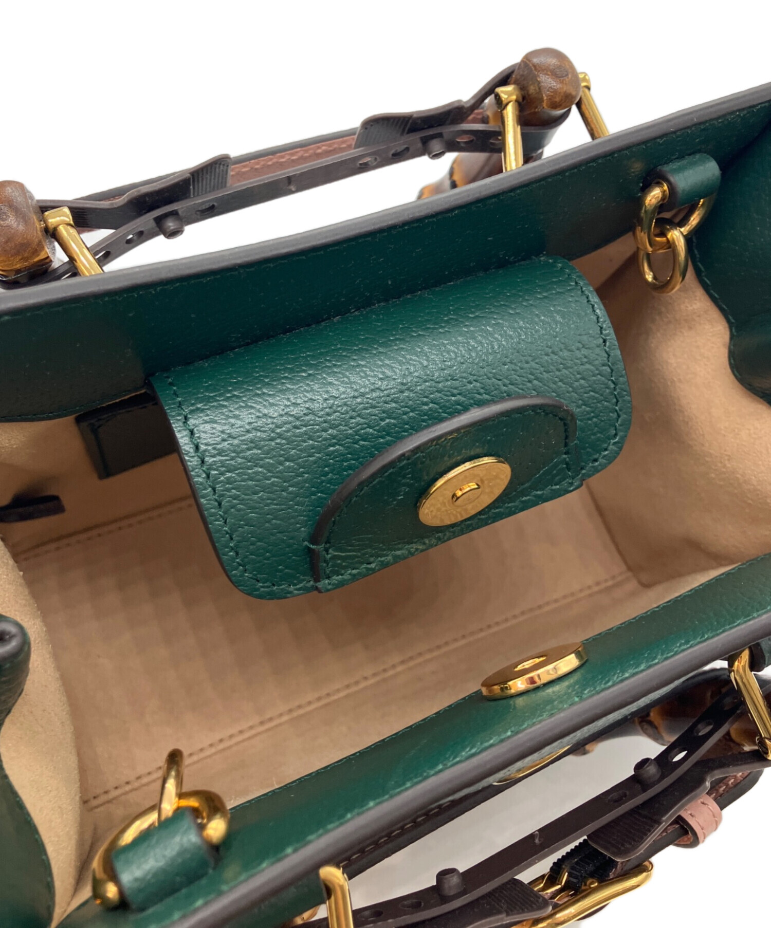 希少色GUCCI グッチバンブーレザーミニボストンディープグリーン2way