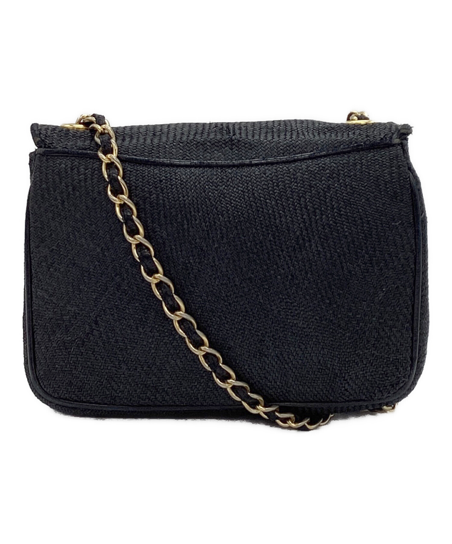 CHANEL ストロー風 チェーンショルダーバッグ ブラック 中古・古着通販】CHANEL (シャネル) ストロー ロゴチェーンショルダー