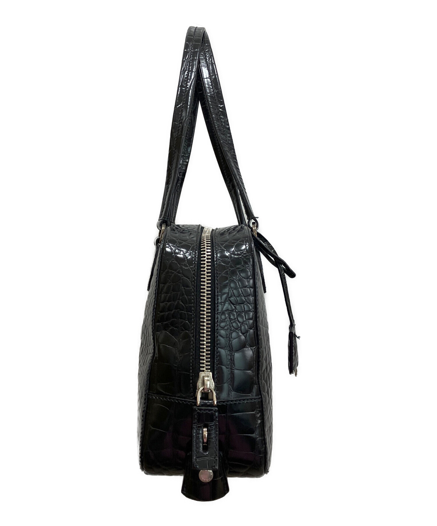 PRADA ハンドバッグ クロコ型押し ブラック 中古・古着通販】PRADA (プラダ) クロコ型押し ハンドバッグ ブラック