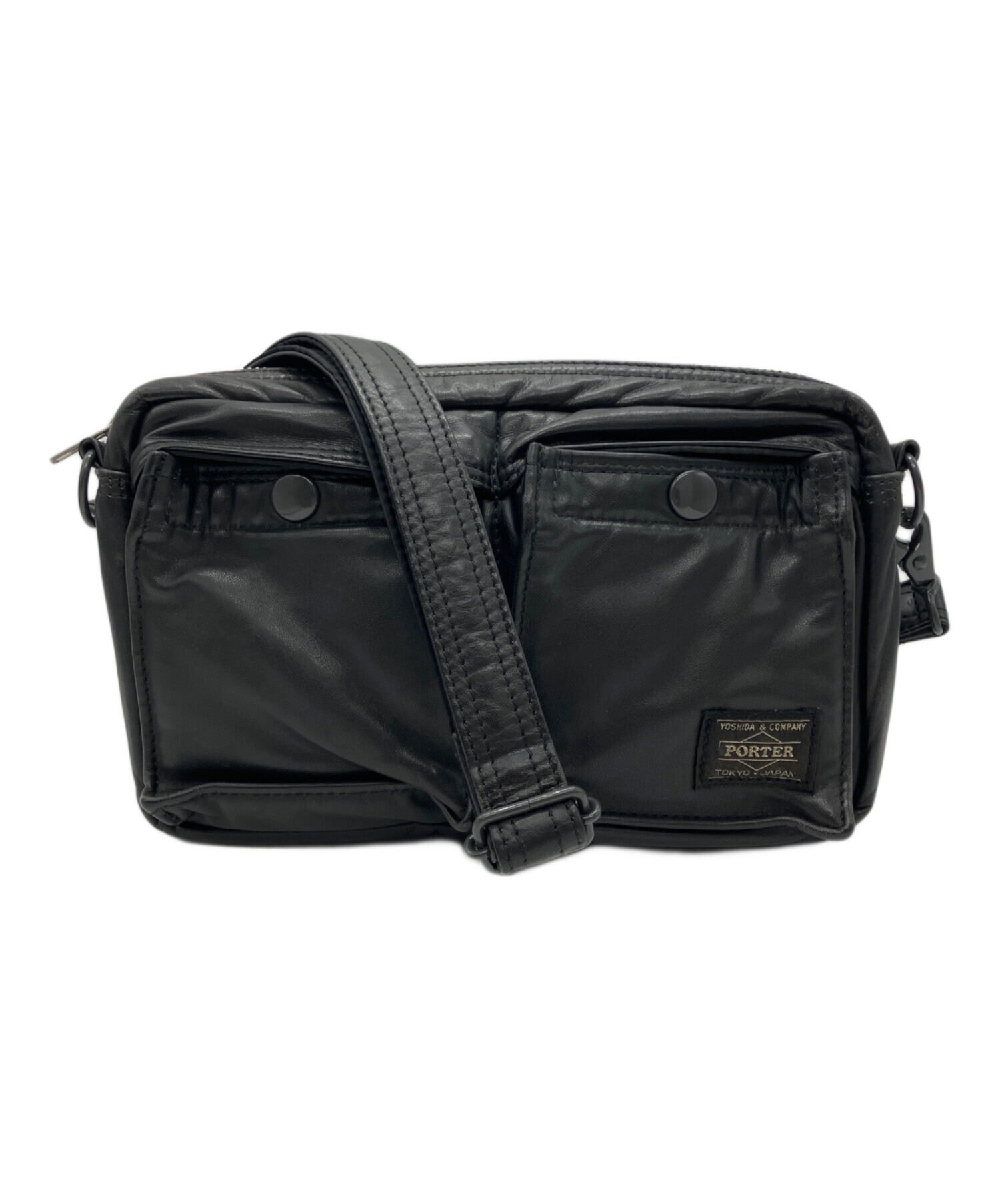 PORTER / TANKER SHOULDER BAGブラック 中古 中古・古着通販】PORTER (ポーター) TANKER LEATHER SHOULDER BAG