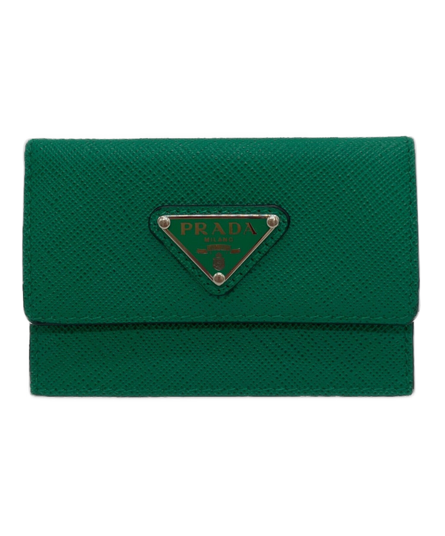 プラダ サフィアーノ 三つ折り財布 ダークグリーン 三角ロゴ 中古・古着通販】PRADA (プラダ) サフィアーノ三角プレートカード