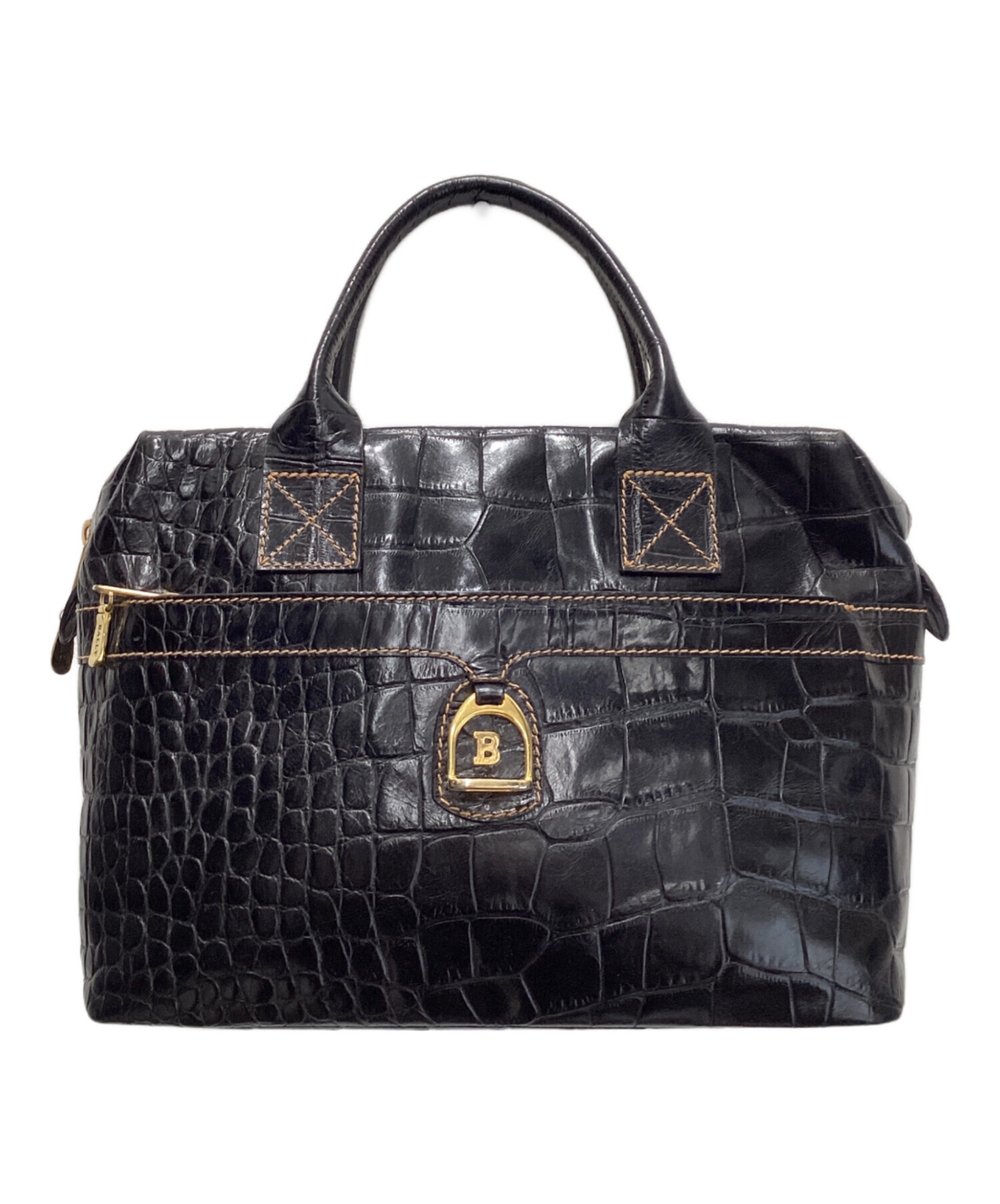 中古・古着通販】BALLY (バリー) クロコ型押しハンドバッグ ブラック