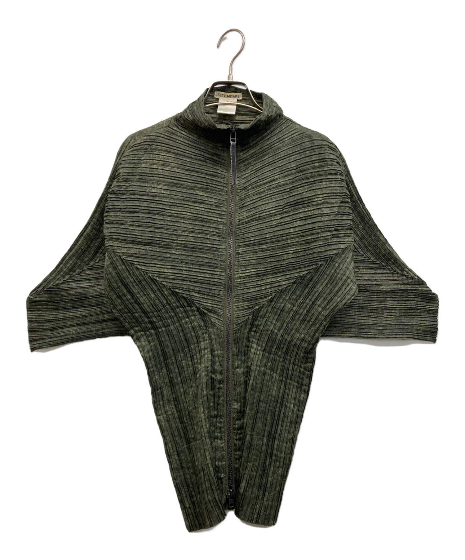 イッセイミヤケ 総柄 2way ジャケット ブラック系 ディープグリーン 中古・古着通販】ISSEY MIYAKE (イッセイミヤケ) プリーツ変形ジップ