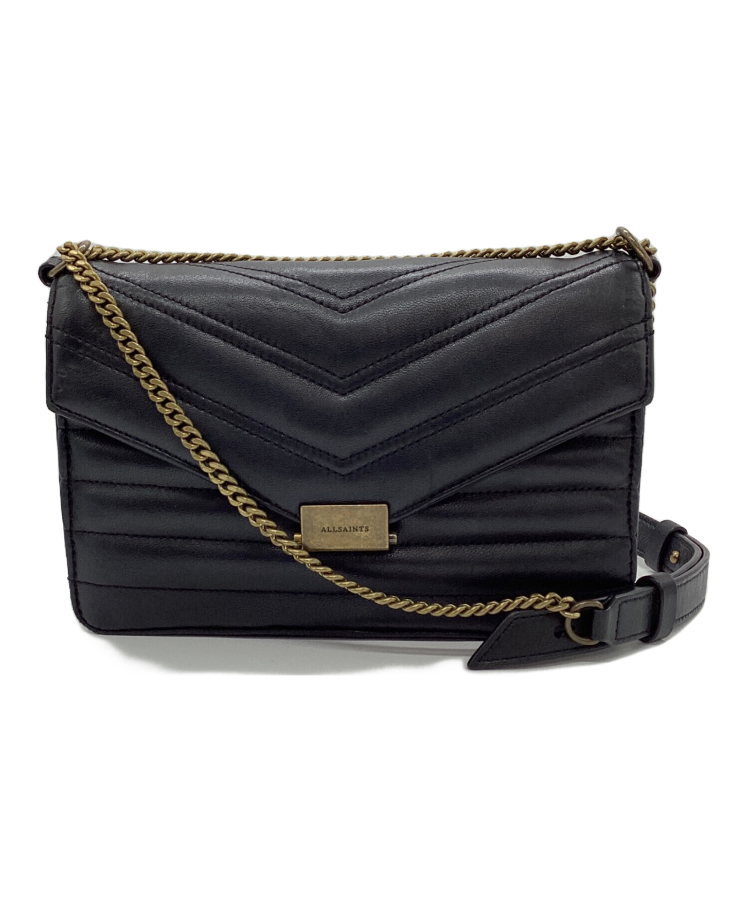 良品 All Saints オールセインツ FLEUR DE LIS CROSSBODY チェーンショルダーバッグ ブラック  レディース 古着 中古 USED 中古・古着通販】ALL SAINTS (オールセインツ) ラムレザーショルダー