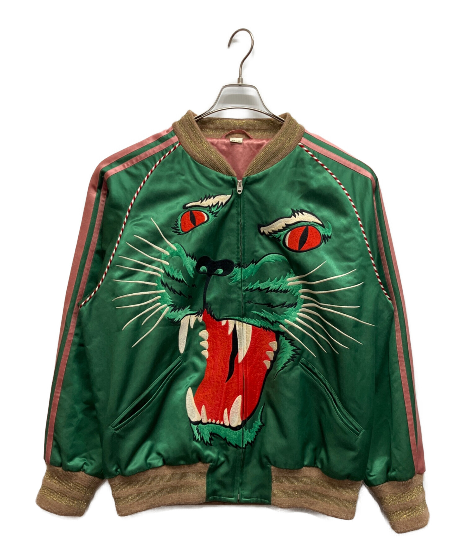 GUCCI オリーブグリーン タイトフィット レザージャケット 中古・古着通販】GUCCI (グッチ) アングリーパンサーエンブロイダリー