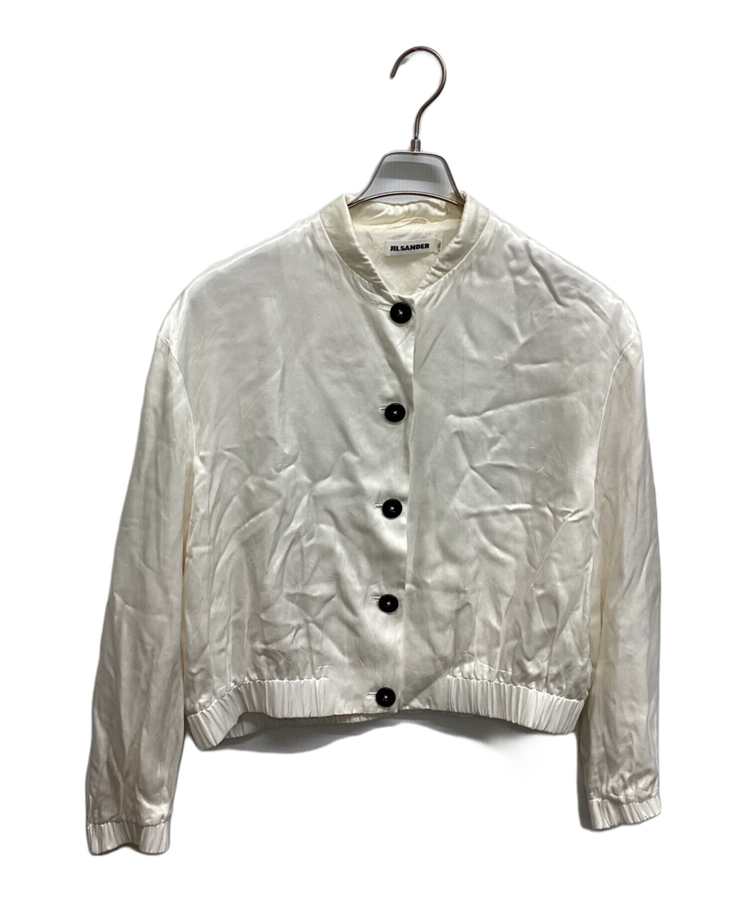 JIL SANDER - ジルサンダー JIL SANDER ブルゾン 衣料品 アウター シルク ポリエステル レディース グレー系 【中古】 中古・古着通販】JIL SANDER (ジルサンダー) バックロゴサテンブルゾン