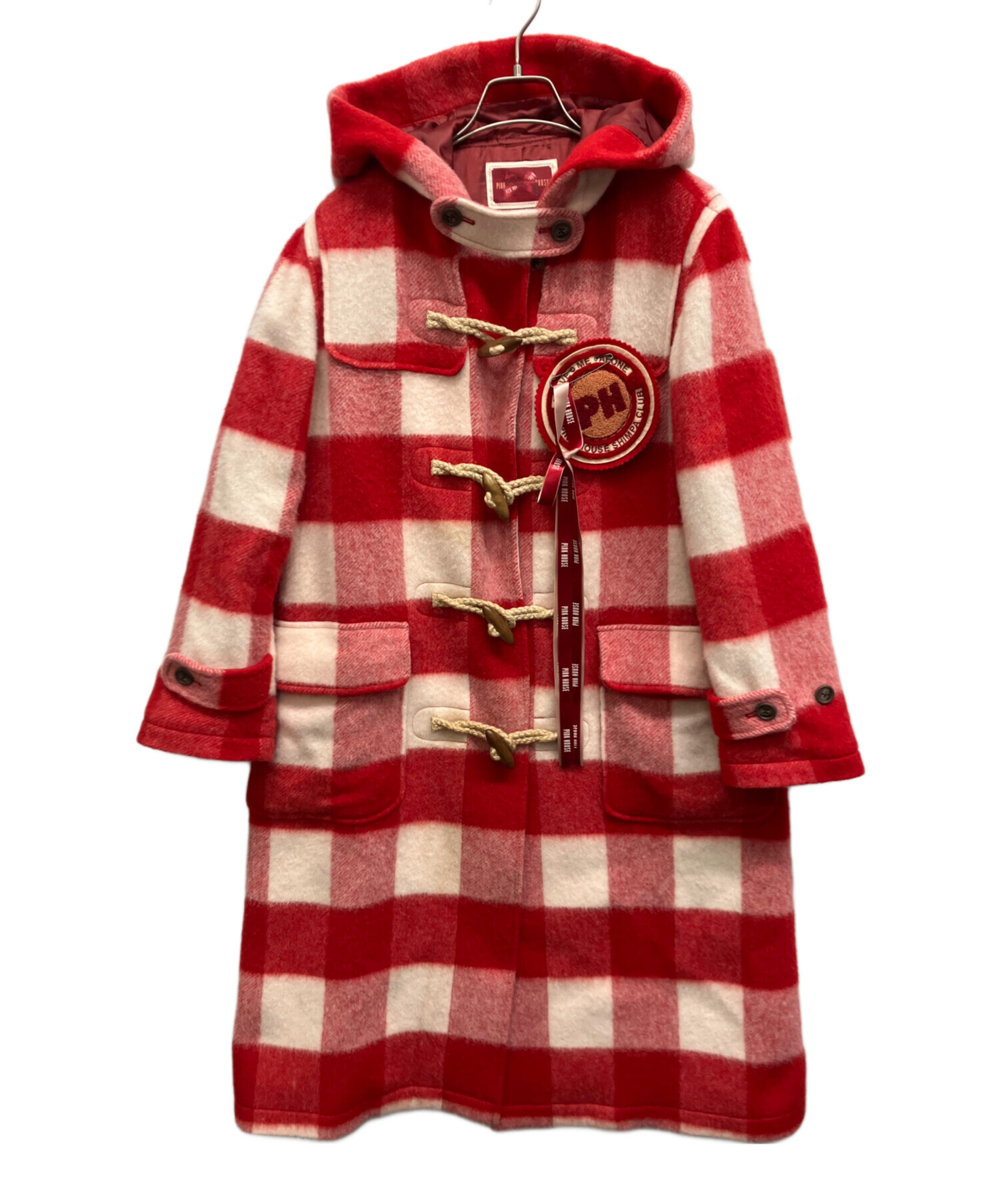PINK HOUSE 赤と白のチェック柄ダッフルコート 中古・古着通販】PINK HOUSE (ピンクハウス) チェックダッフルコート