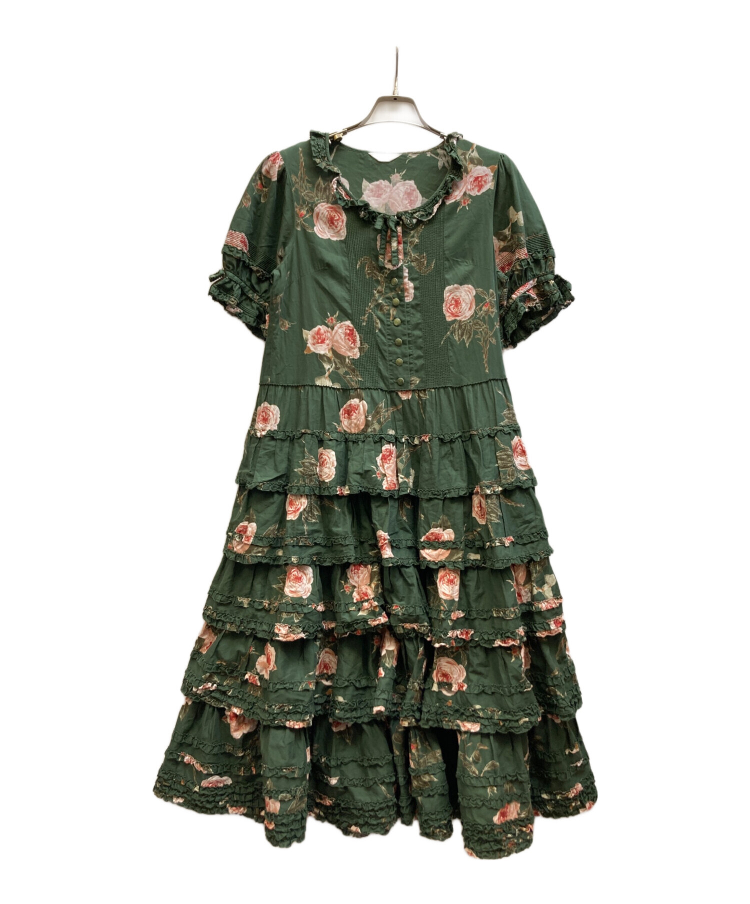 ピンクハウス　花柄ティアードワンピース 半袖 中古・古着通販】PINK HOUSE (ピンクハウス) 薔薇柄ティアード
