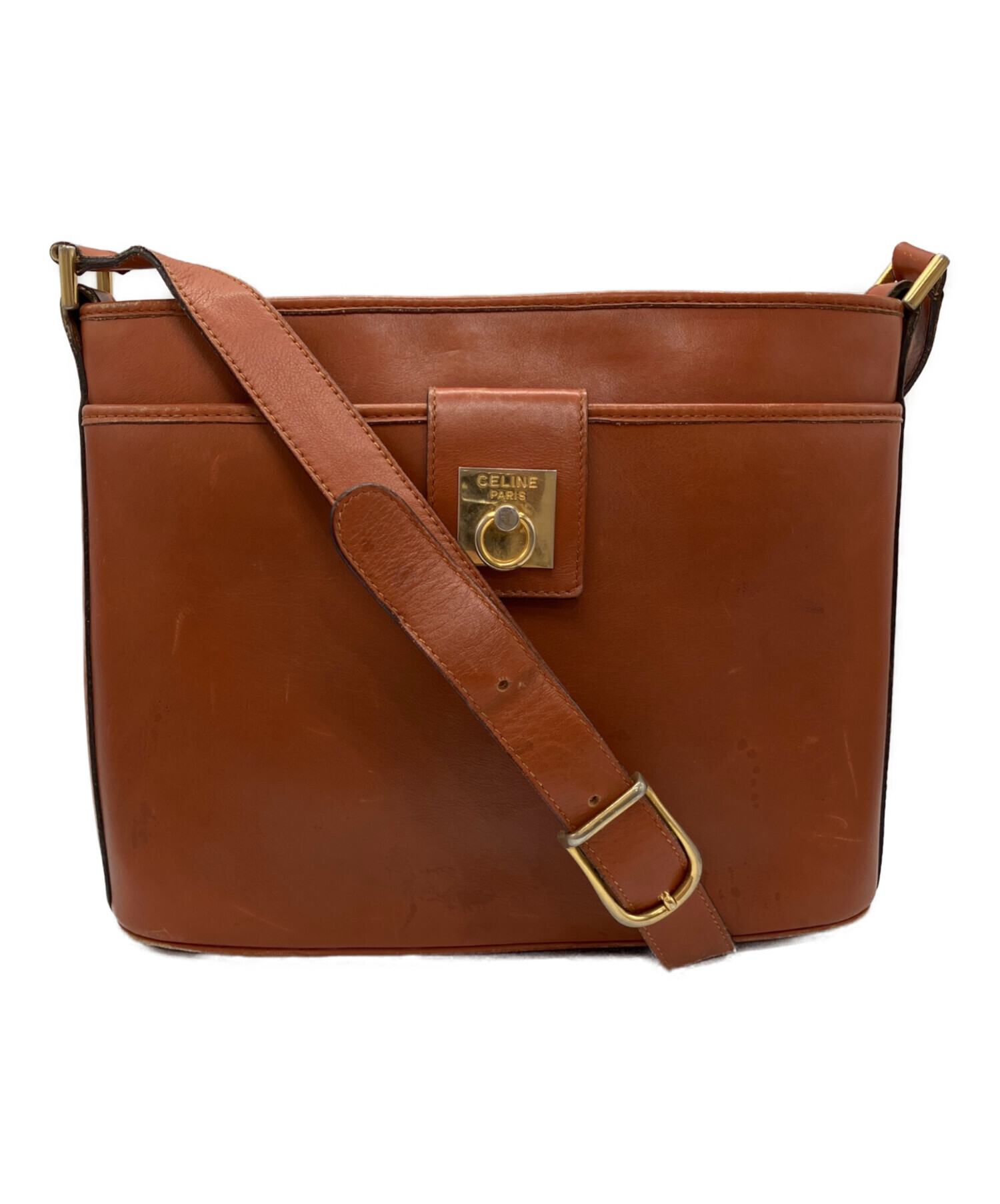 CELINE ブラウンショルダーバッグ 中古・古着通販】CELINE (セリーヌ) レザーショルダーバッグ ブラウン