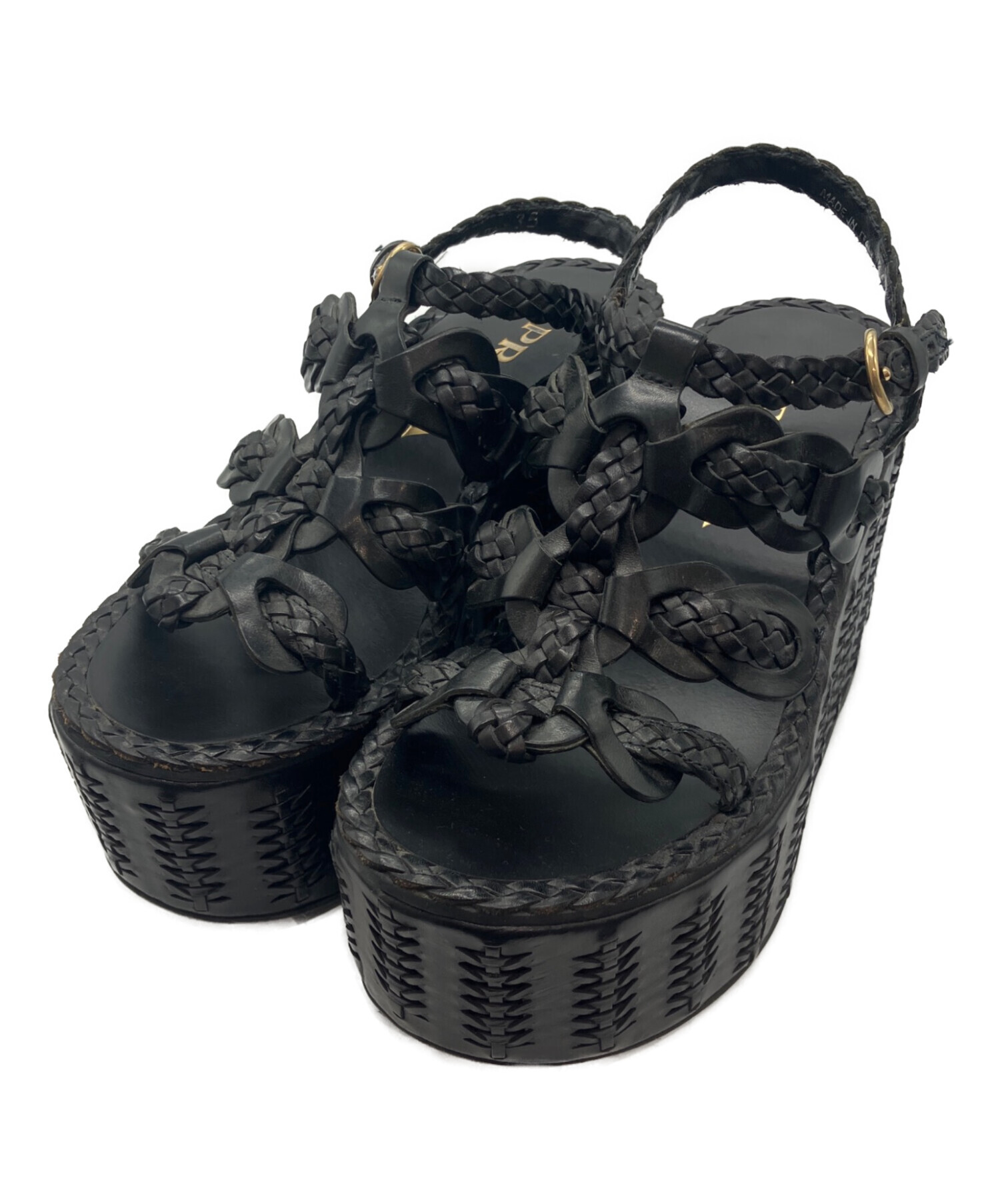 PRADA リボン付き ウェッジソール サンダル 中古・古着通販】PRADA (プラダ) 編み込みレザーウェッジソール