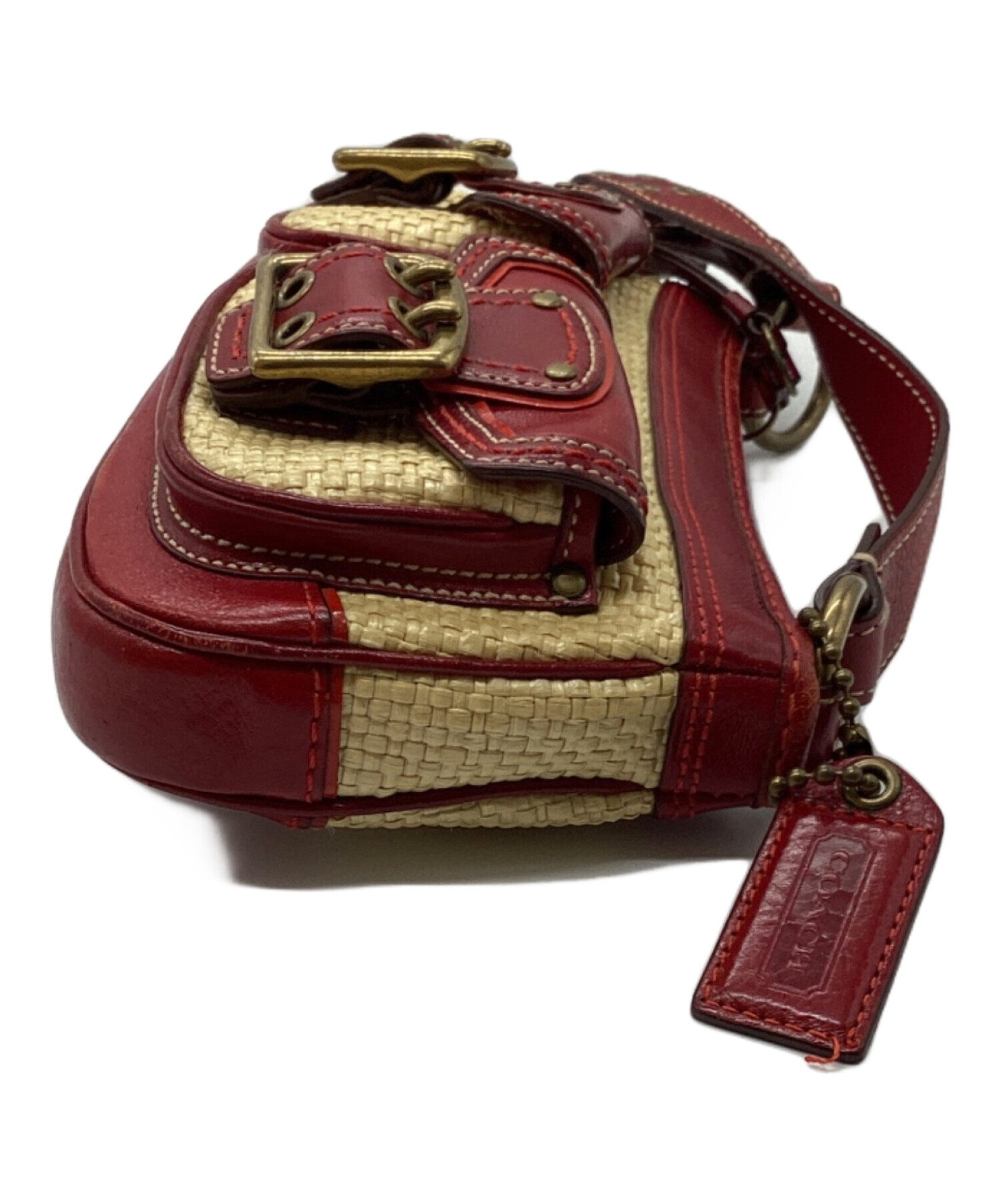 未使用　COACH かごバッグ レッド レザー ストロー　大容量　大きめバッグ 中古・古着通販】COACH (コーチ) ストローレザーワンショルダーバッグ