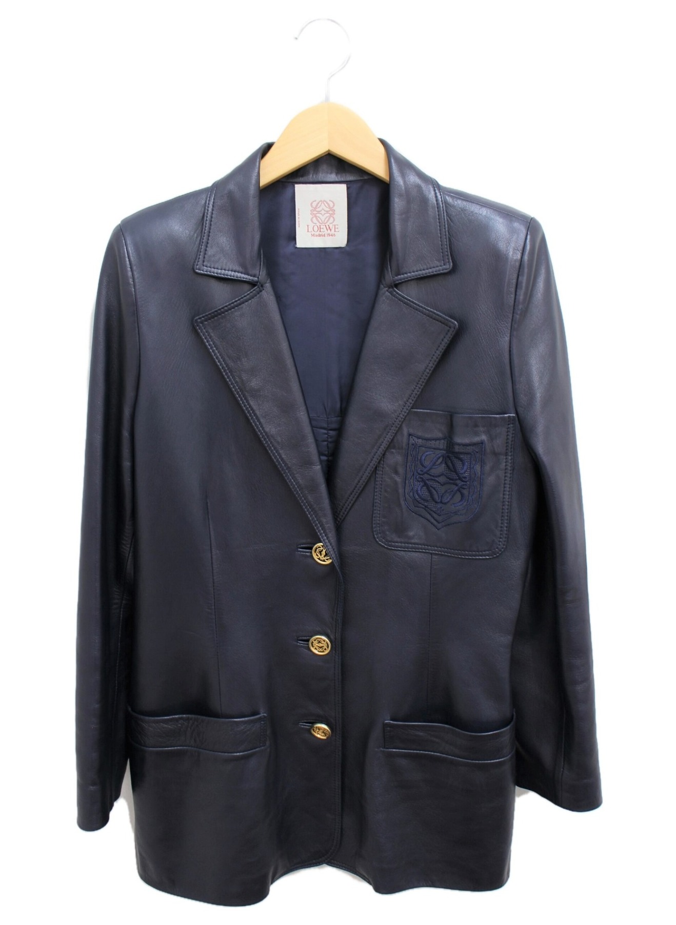 LOEWE ネイビー レザージャケット 中古・古着通販】LOEWE (ロエベ) レザーテーラードジャケット