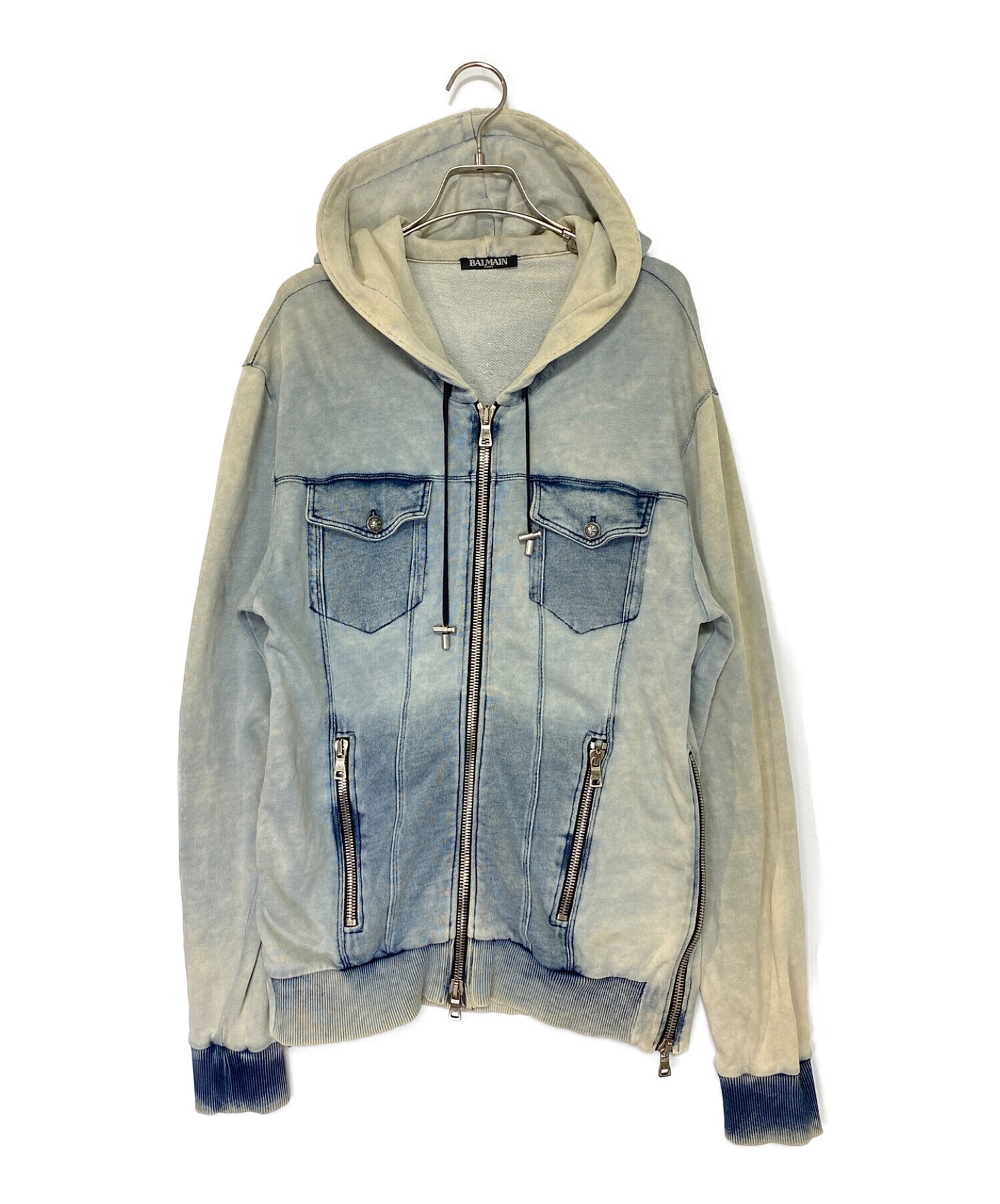 中古・古着通販】BALMAIN (バルマン) ブリーチ加工パーカー ネイビー 