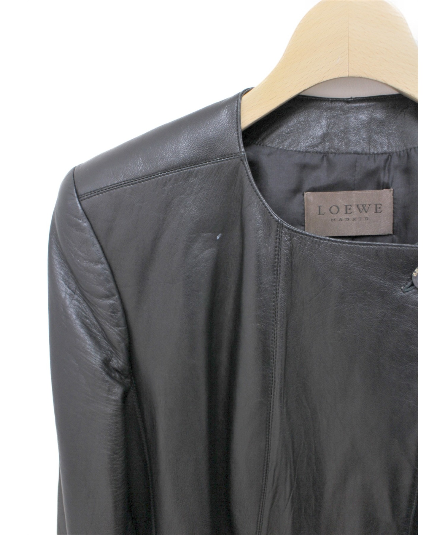 中古・古着通販】LOEWE (ロエベ) ノーカラーレザージャケット ブラック