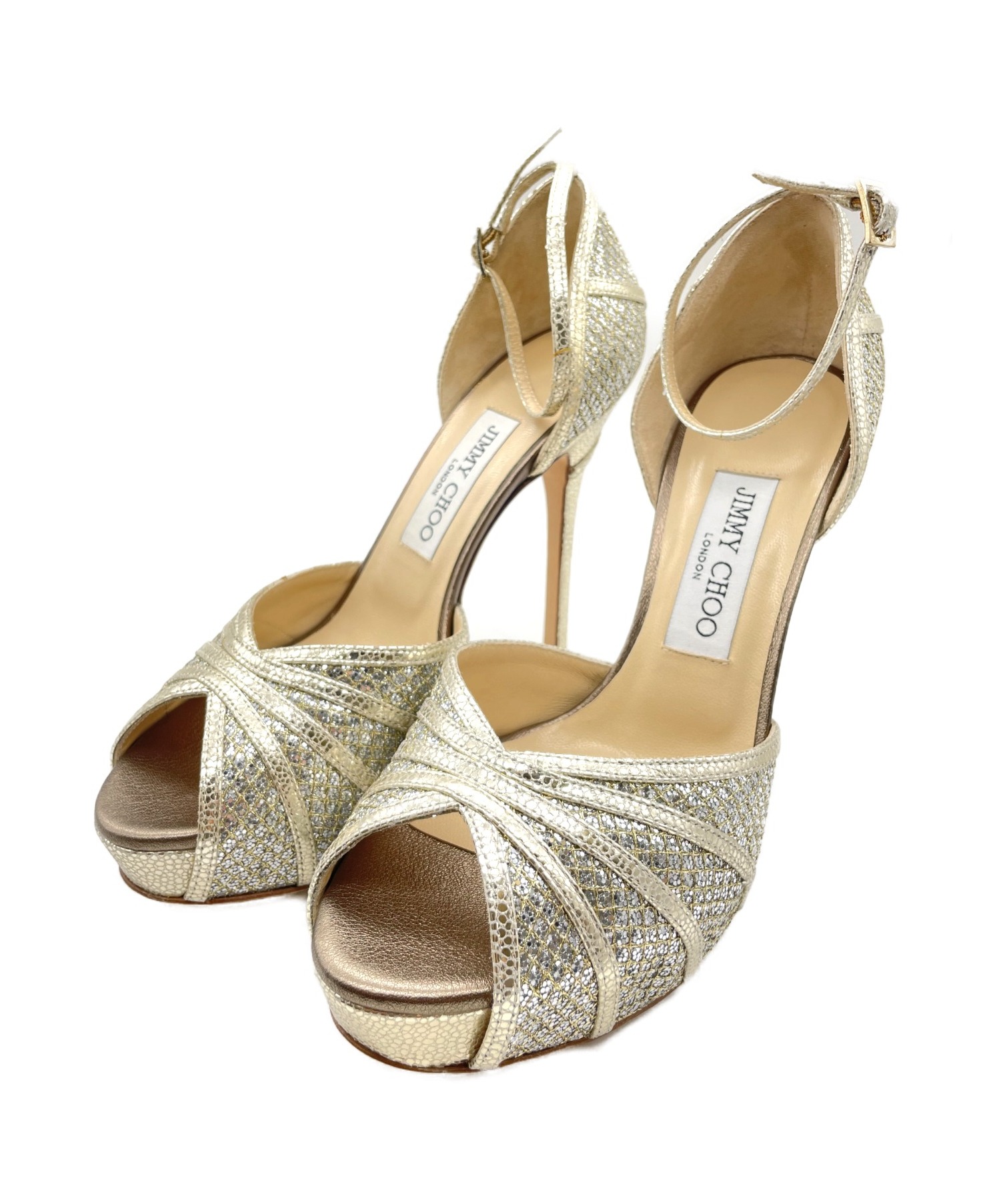 美品 JIMMY CHOO グリッター オープントゥ パンプス ゴールド系 中古・古着通販】JIMMY CHOO (ジミーチュウ) グリッターオープントゥ