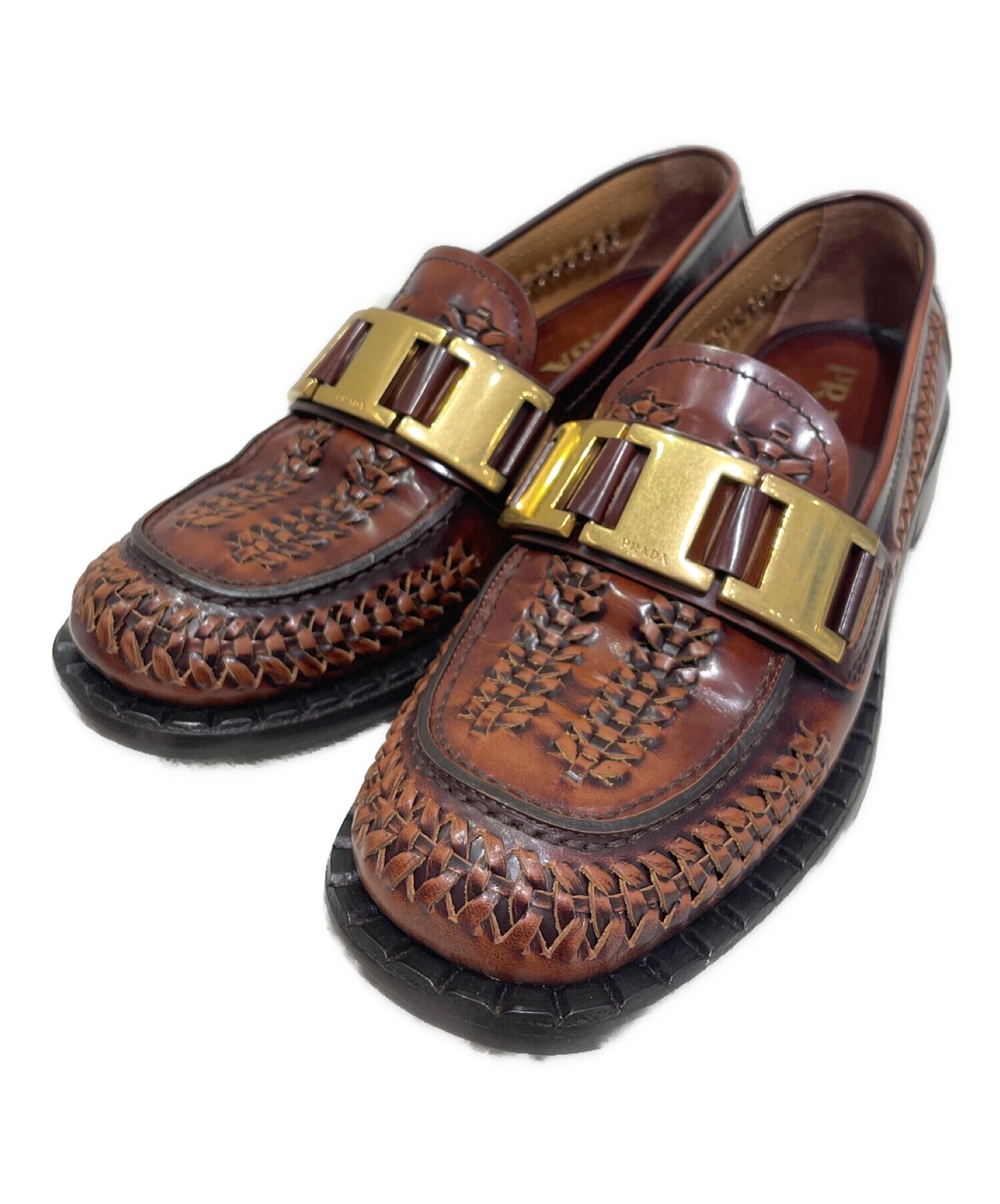中古・古着通販】PRADA (プラダ) メタルブロックヒール ブラウン 