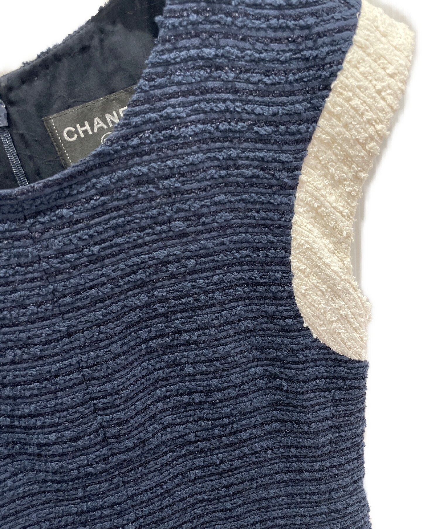 中古・古着通販】CHANEL (シャネル) ノースリーブワンピース ネイビー 
