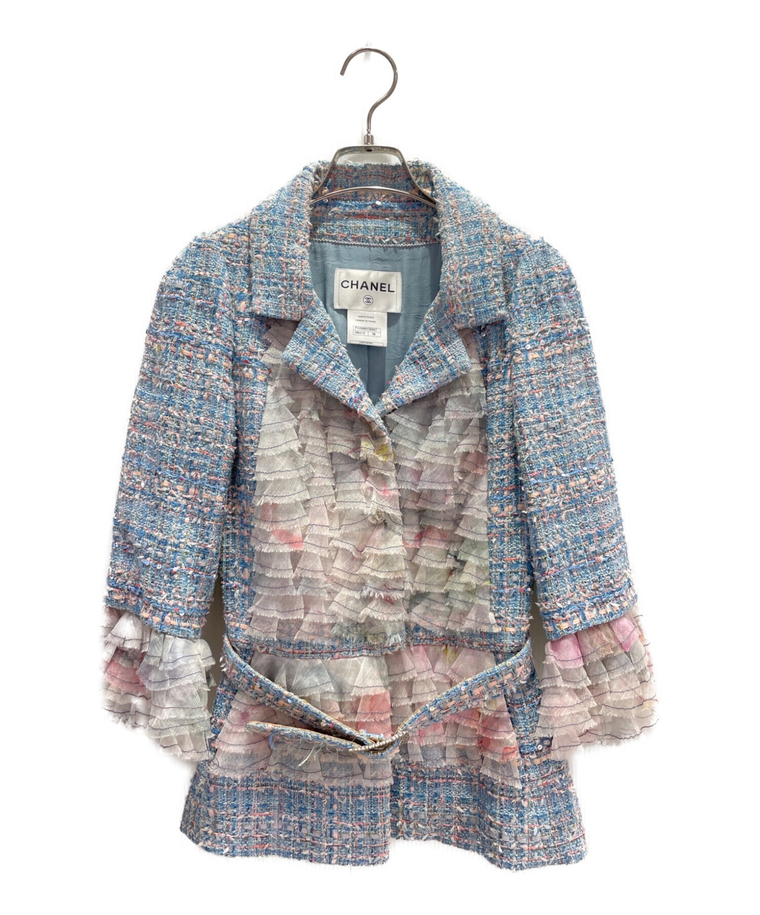 CHANELジャケット 36 中古・古着通販】CHANEL (シャネル) フリルツイードジャケット スカイ