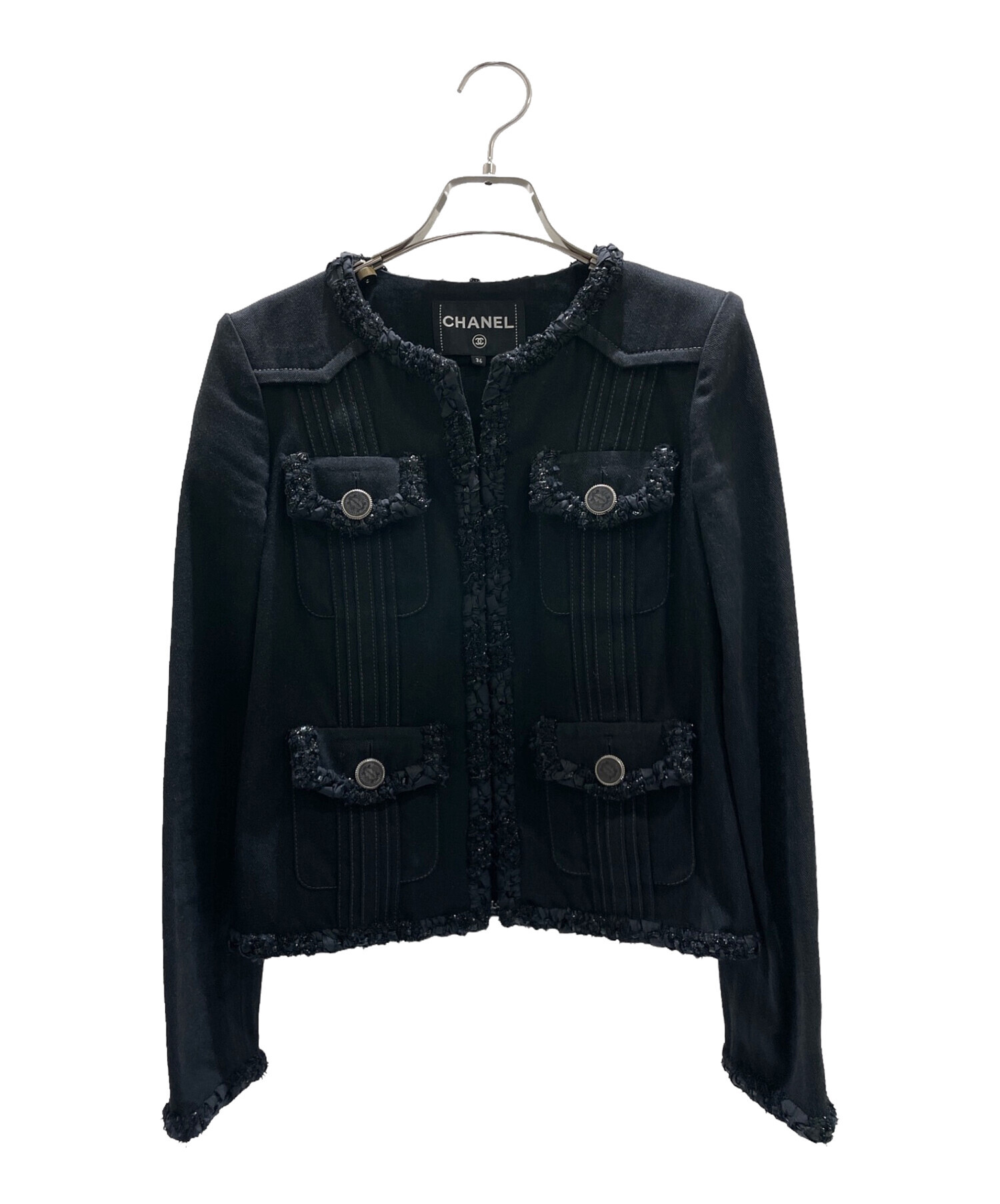 中古・古着通販】CHANEL (シャネル) ノーカラージャケット ブラック 