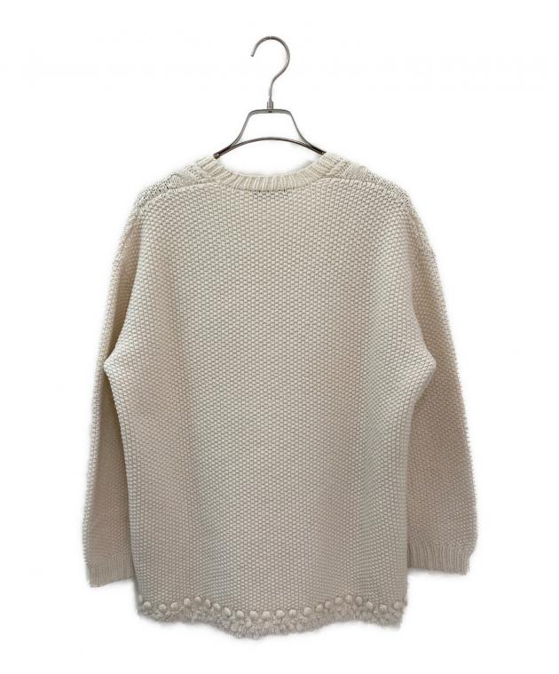 drawer ドゥロワーウールカシミヤアラン編みフリンジUネックニット 白