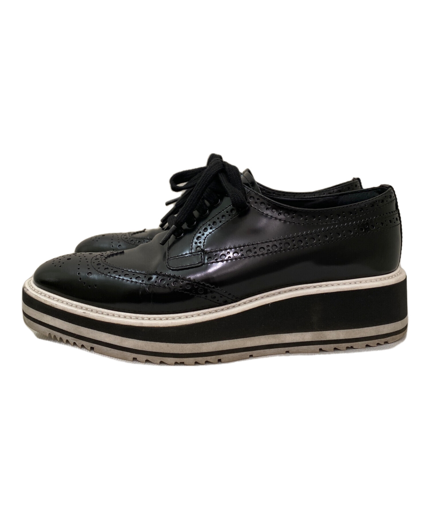 美品！PRADA プラダ　定価13万　厚底　ブラック　レザードレスシューズ 中古・古着通販】PRADA (プラダ) 厚底レースアップレザーシューズ