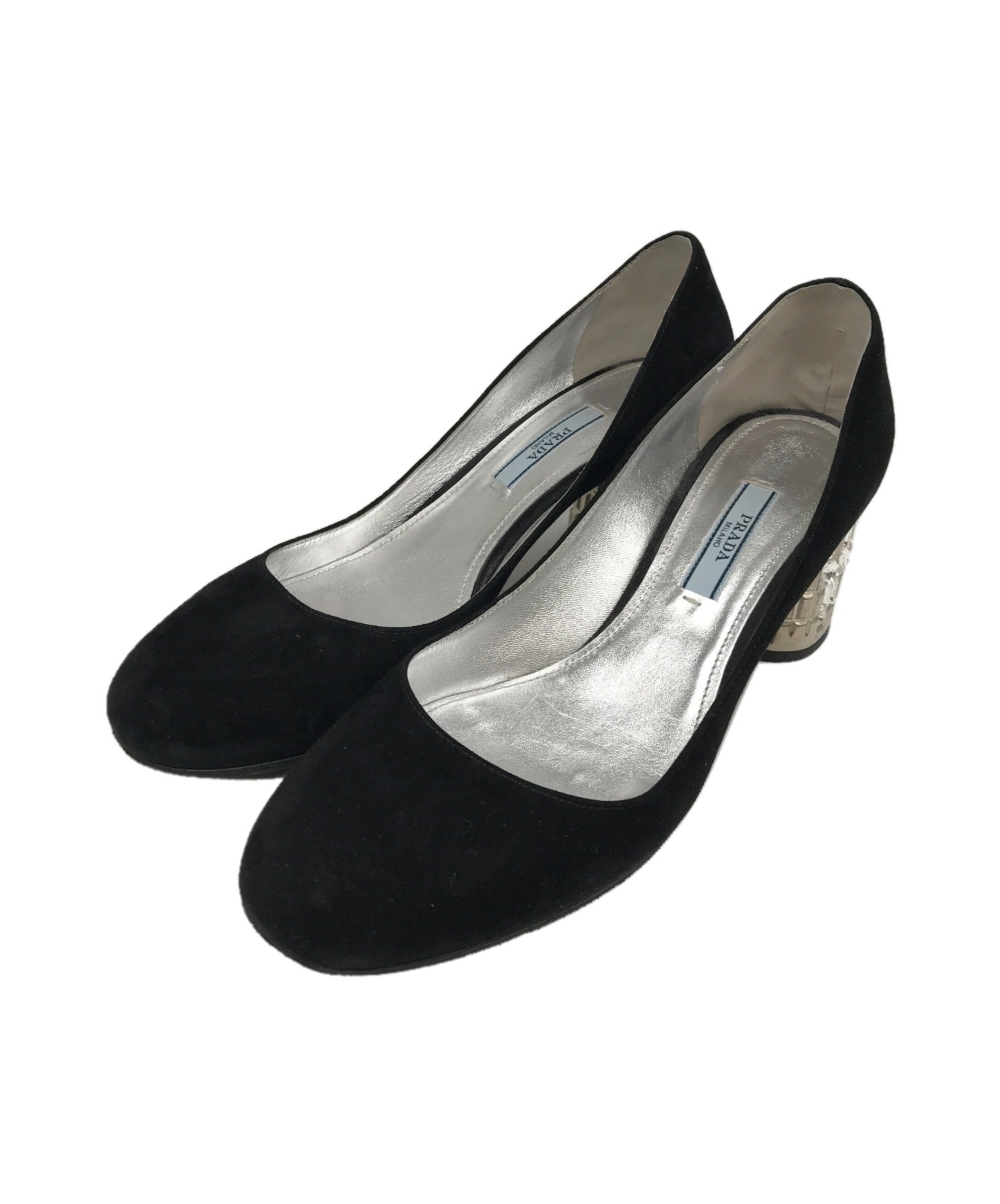 新品・未使用品 プラダ 8.5cmヒール パンプス 37 ブラック 中古・古着通販】PRADA (プラダ) ヒールビジューデザインパンプス
