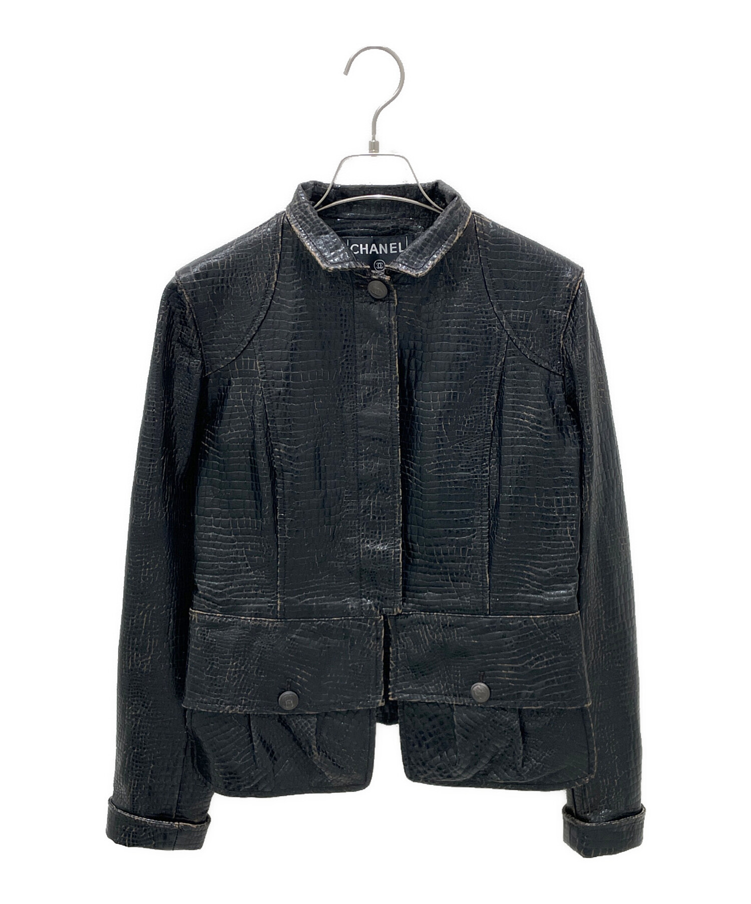 中古・古着通販】CHANEL (シャネル) クロコ調スタンドカラー比翼
