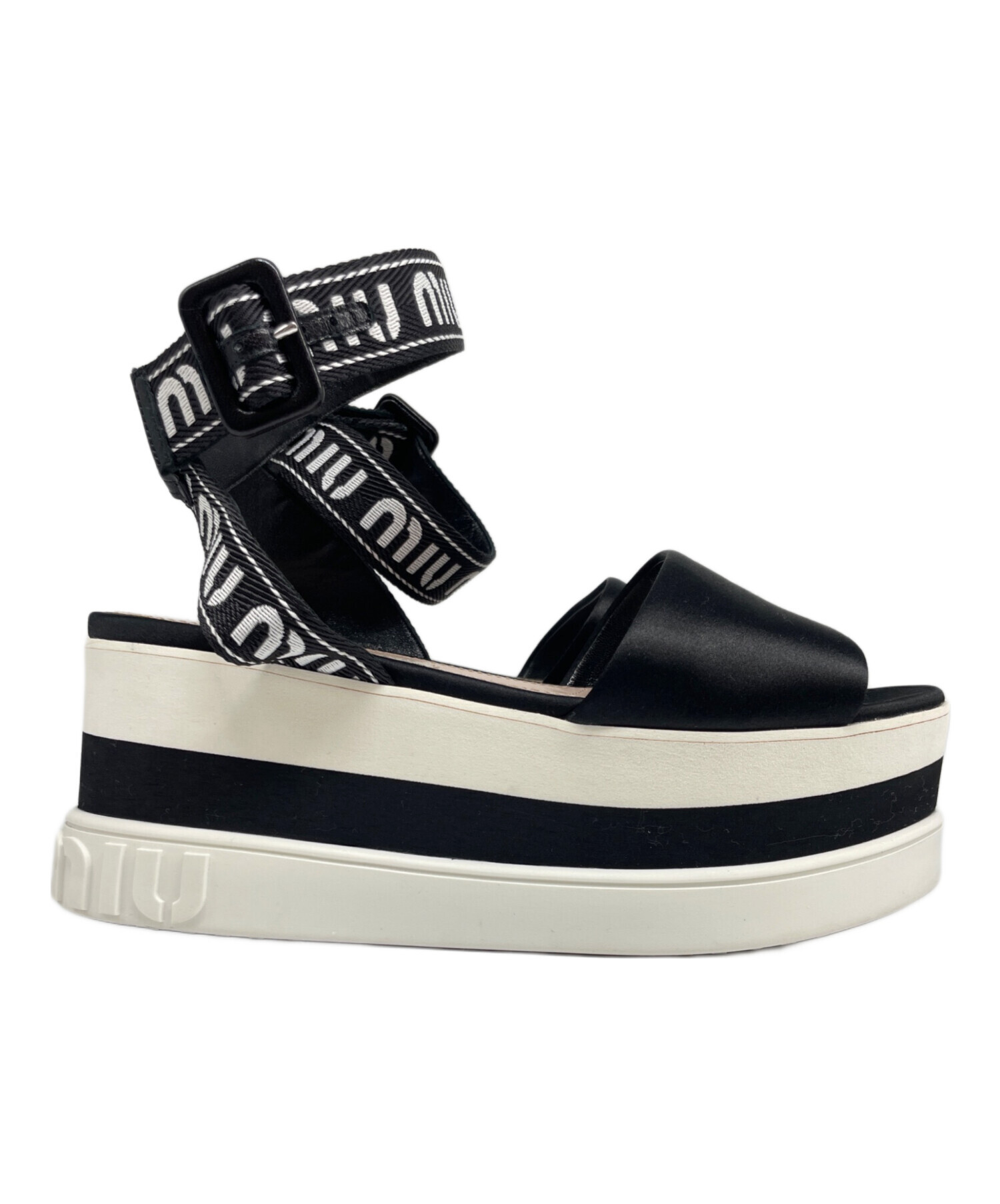miumiuミュウミュウブラック Tストラップ パンプス 中古・古着通販】MIU MIU (ミュウミュウ) 厚底アンクルロゴストラップ
