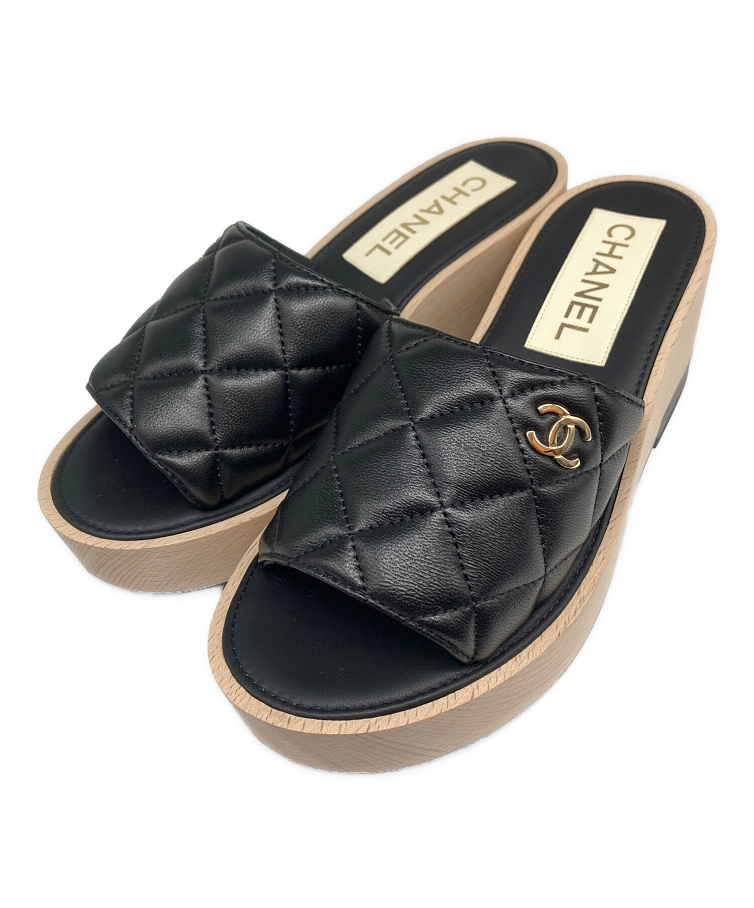 【レア】CHANEL ブラック ウッドカメリア サンダル ミュール　36 レアCHANEL ブラック ウッドカメリア サンダル ミュール 36 レア