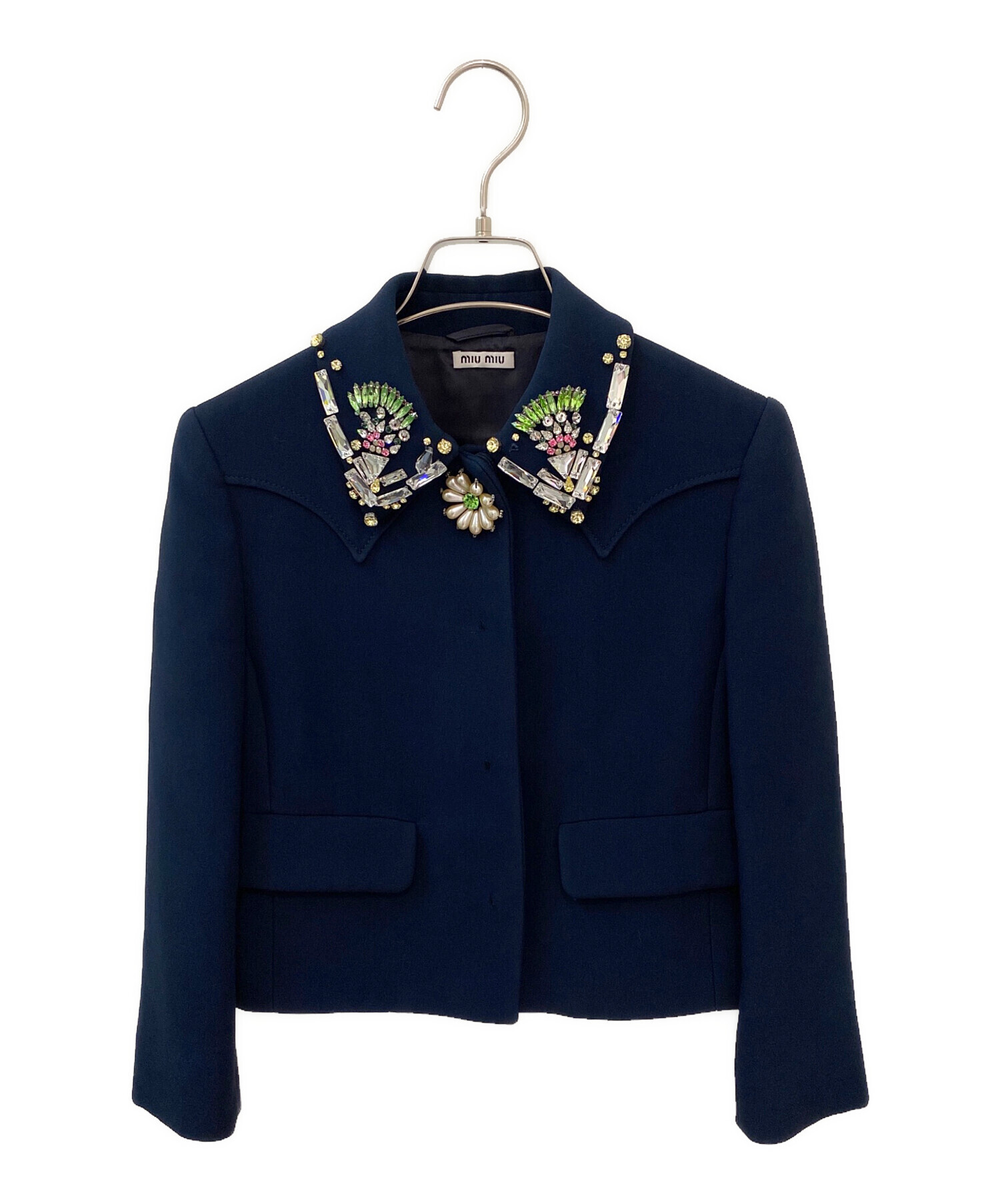 美品miumiuミュウミュウネイビーブレザー紺ジャケット36トラッド 中古・古着通販】MIU MIU (ミュウミュウ) ビジュージャケット ネイビー