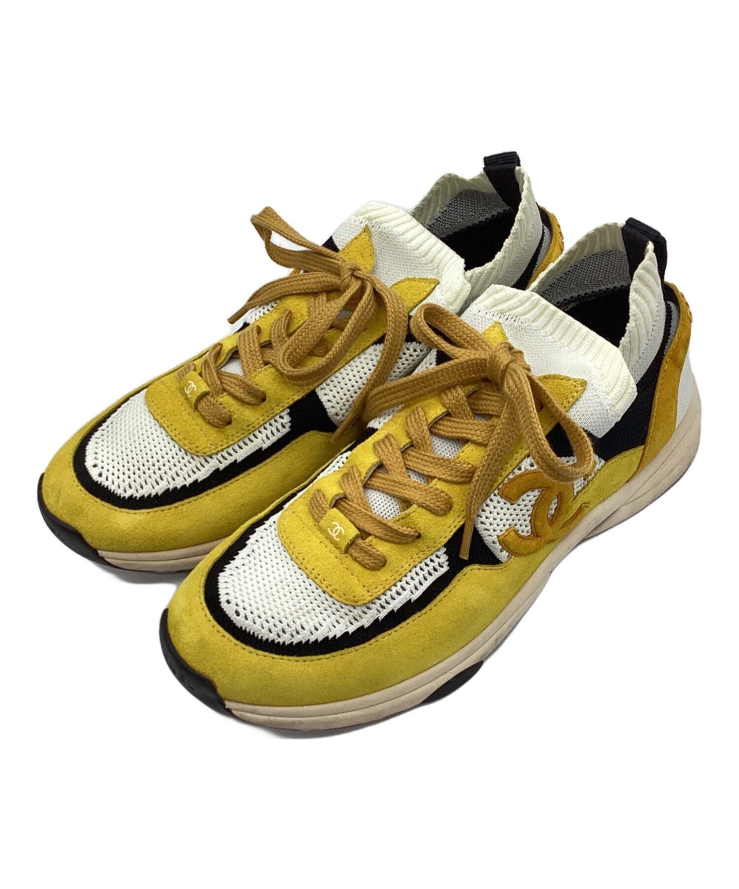 #未使用シャネルイエロー レザー フラットシューズ 編み込みデザイン#36 中古・古着通販】CHANEL (シャネル) ニット＆スエードカーフスキン