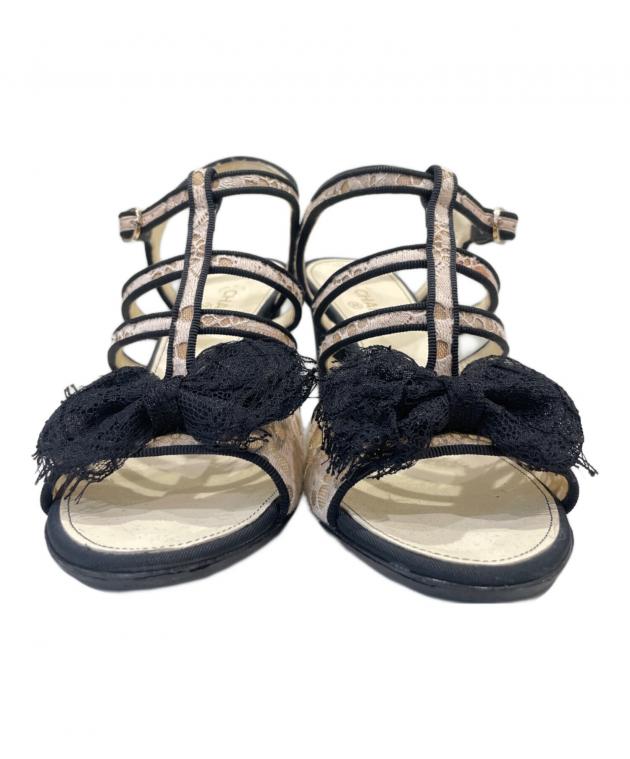 CHANEL ベージュと黒 ストラップヒール 中古・古着通販】CHANEL (シャネル) リボンアンクルストラップヒール