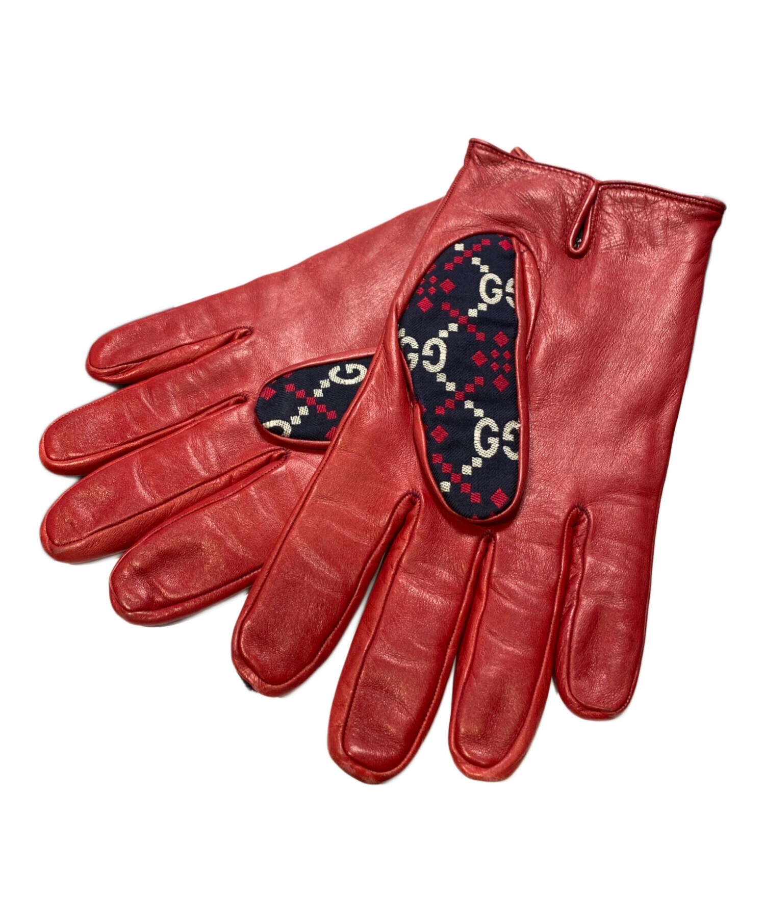 中古・古着通販】GUCCI (グッチ) GG Leather Gloves レッド×ネイビー