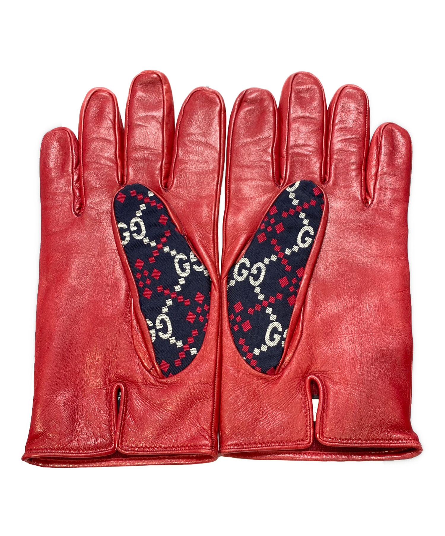 中古・古着通販】GUCCI (グッチ) GG Leather Gloves レッド×ネイビー