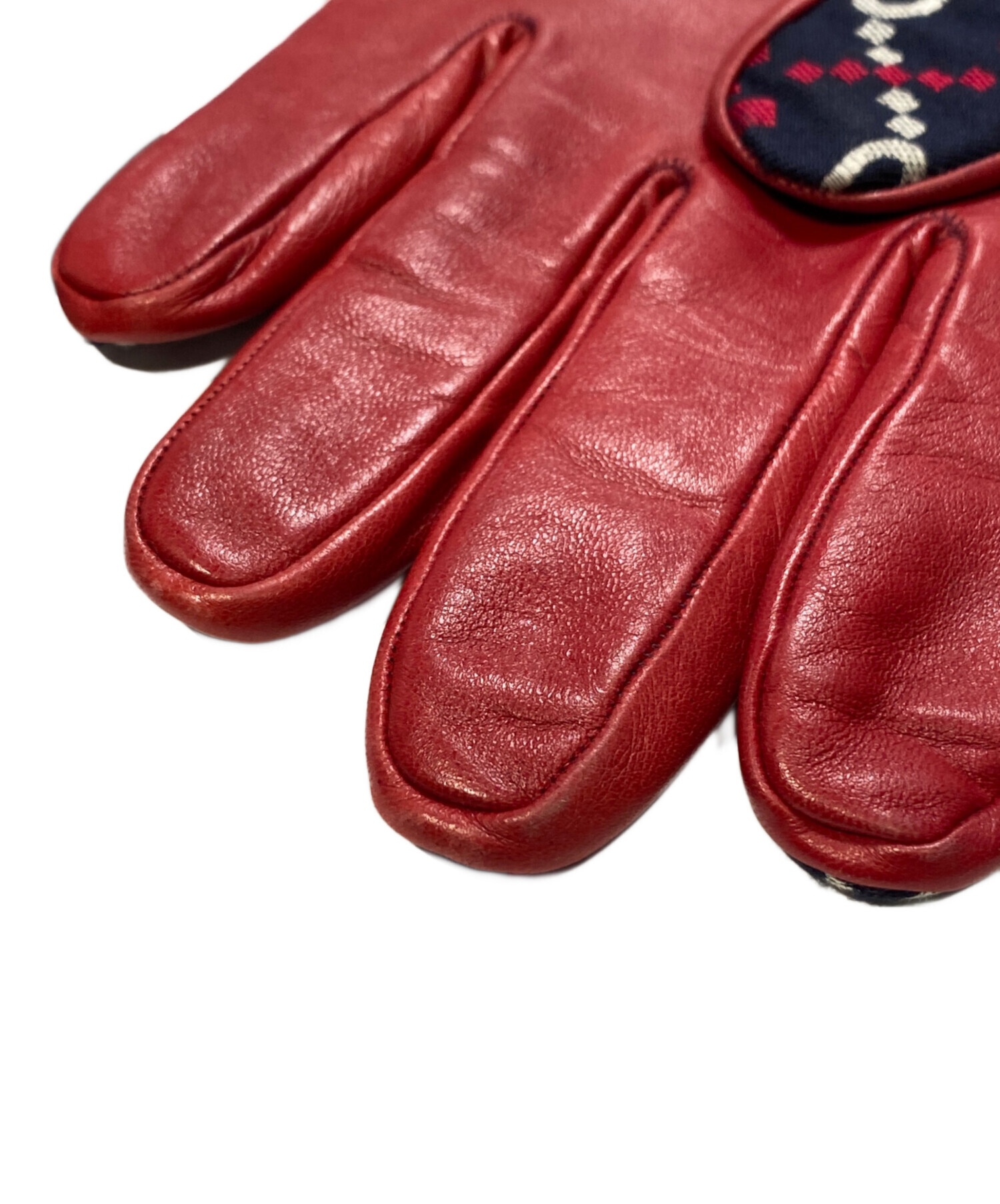中古・古着通販】GUCCI (グッチ) GG Leather Gloves レッド×ネイビー