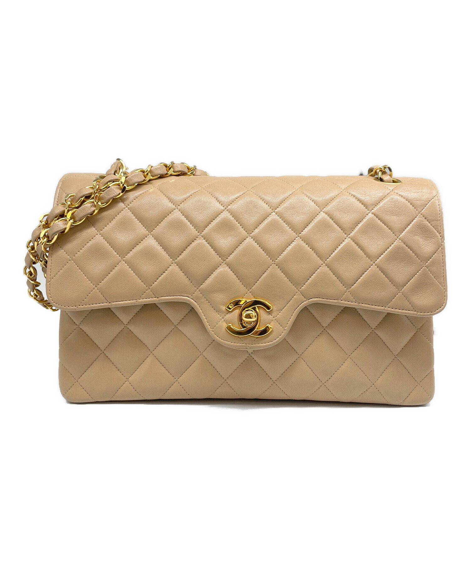 【中古】CHANEL/マトラッセ/ラムスキン/ヴィンテージ/ベージュ 中古・古着通販】CHANEL (シャネル) Wフラップ マトラッセ ラムスキン
