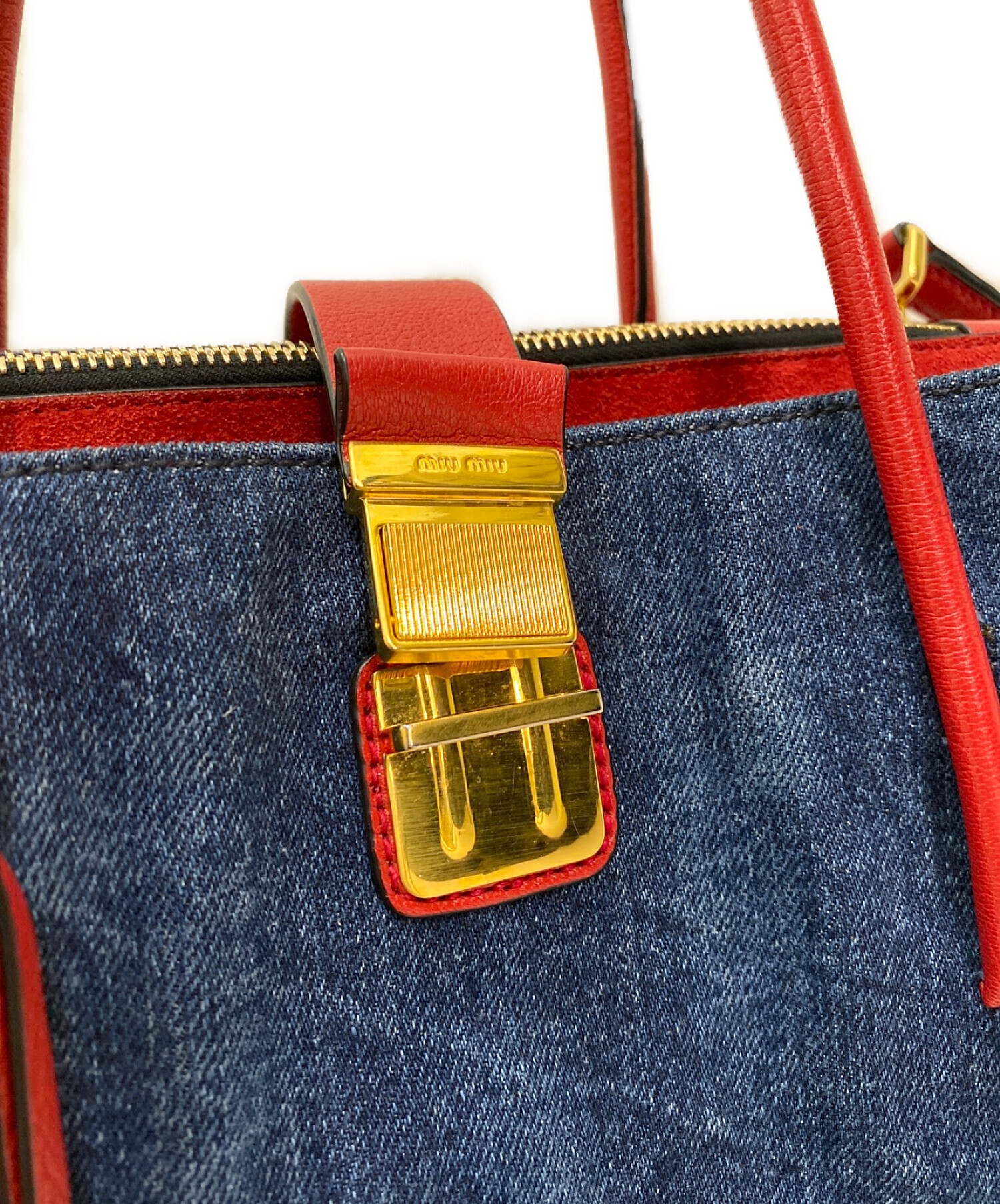 186005 MIUMIU ミュウミュウ MIUMIU デニム　マトラッセ インディゴ レディース [0000000000423] miumiuデニム×マドラスレザー☆2wayバッグ☆ブルー×赤 (MiuMiu