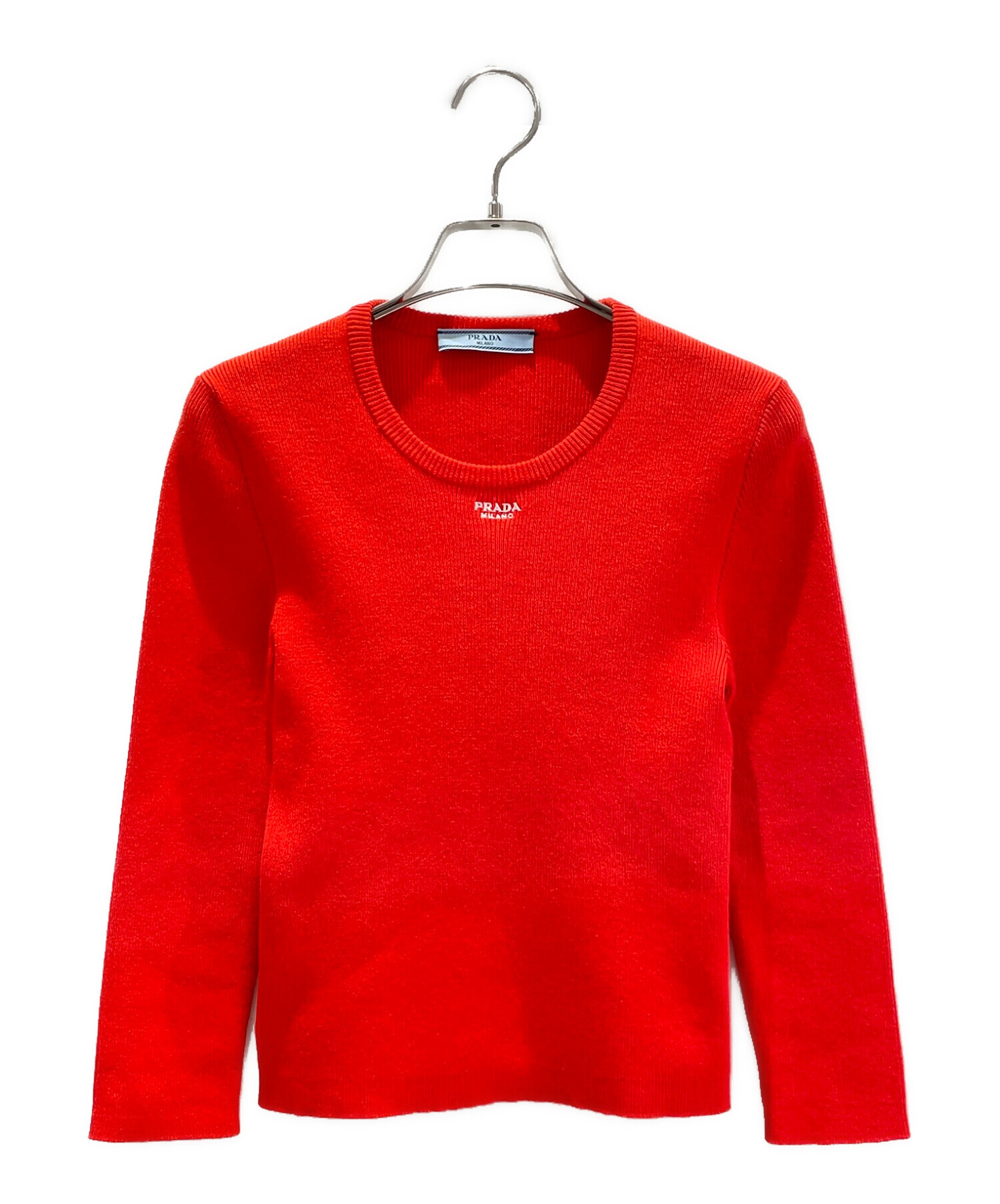 PRADA 長袖 カットソー レッド 中古・古着通販】PRADA (プラダ) フロントロゴコットンセーター レッド