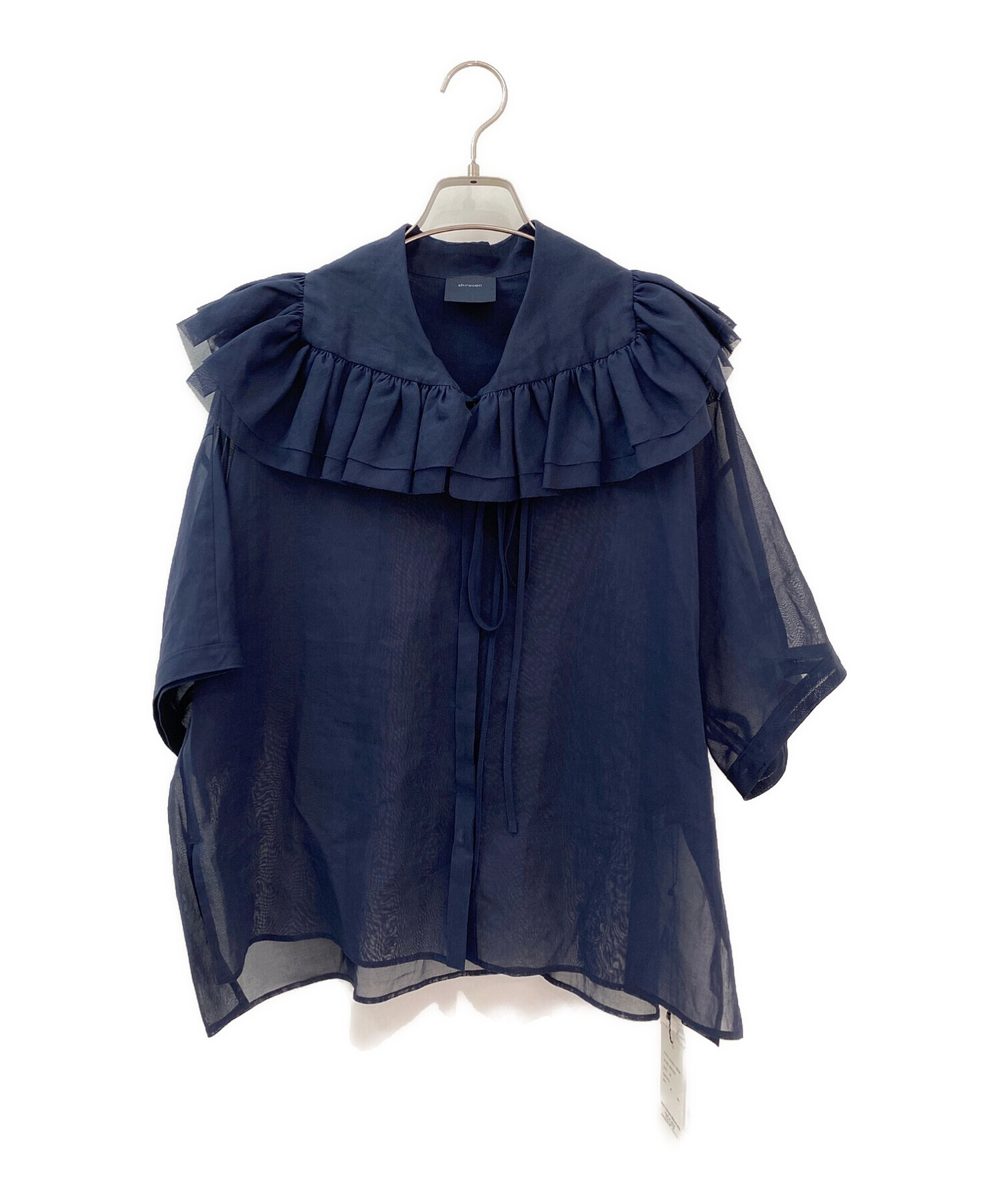yori フリル付き半袖トップス 38 ダークネイビー　新品タグ付 中古・古着通販】YORI (ヨリ) ダリアドレスシャツ ネイビー サイズ:36
