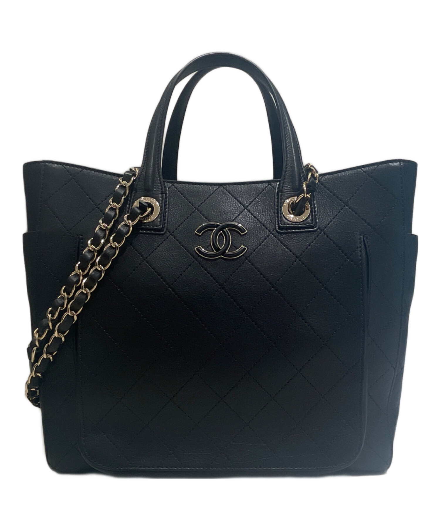 中古・古着通販】CHANEL (シャネル) レザートート ブラック×ゴールド 