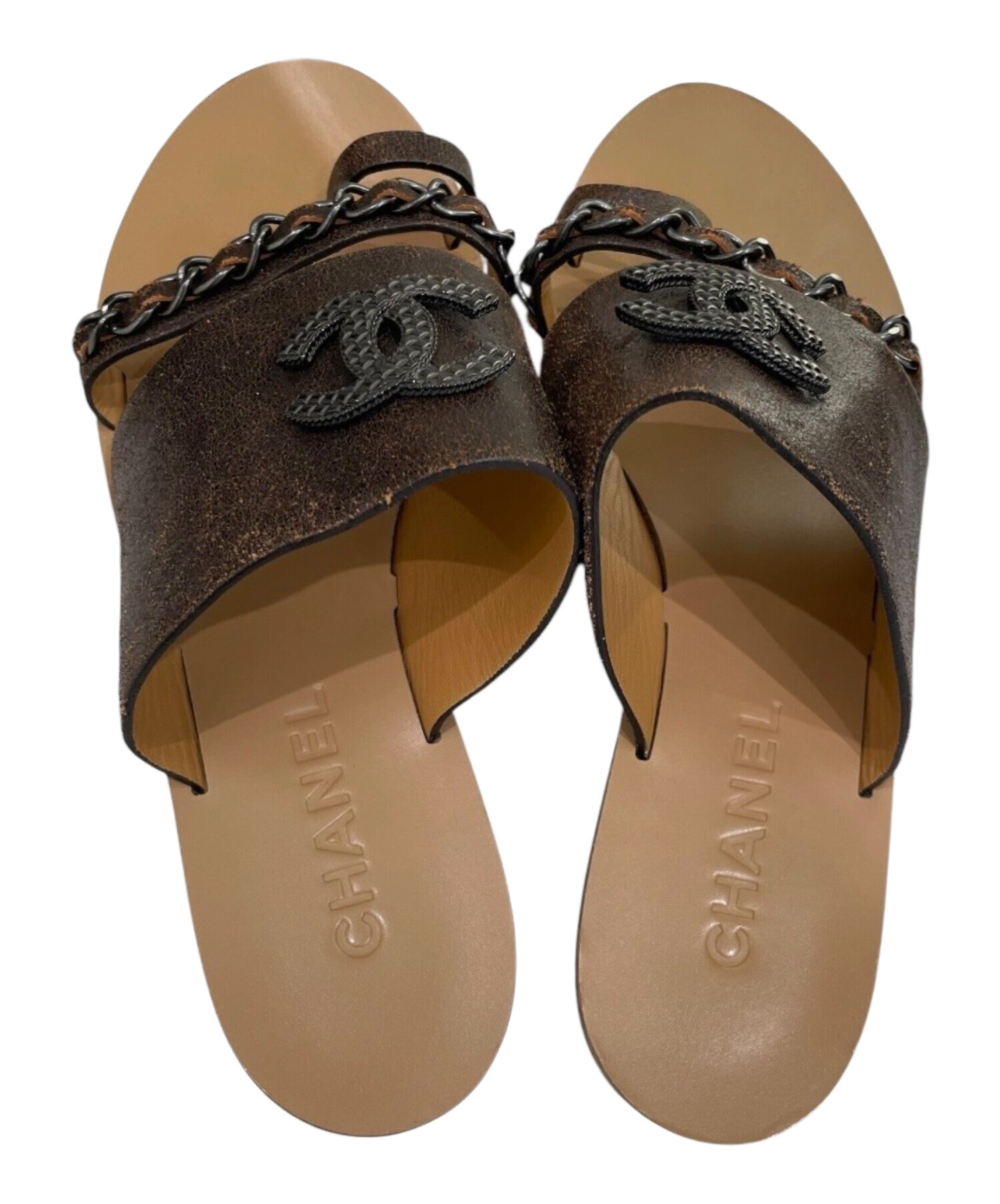 m*i様 CHANEL サンダル ベージュ ブラック 中古・古着通販】CHANEL (シャネル) チェーンリンク CC トゥリング