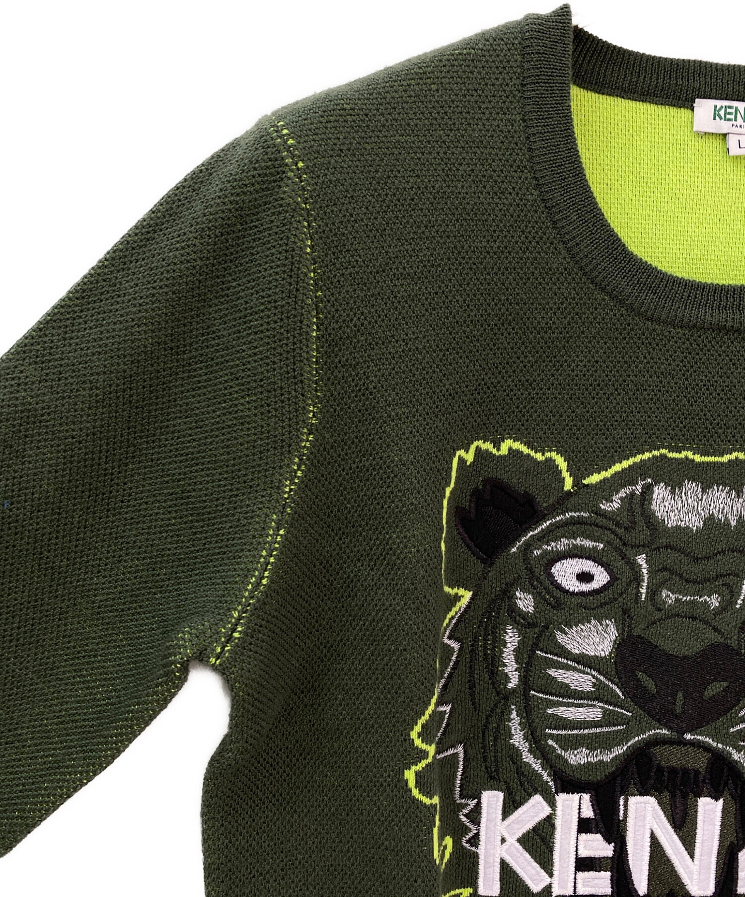 KENZOケンゾー クレイジーパターン ニット 刺繍 デカロゴ 90s L〜XL 中古・古着通販】KENZO (ケンゾー) タイガー刺繍ニット グリーン