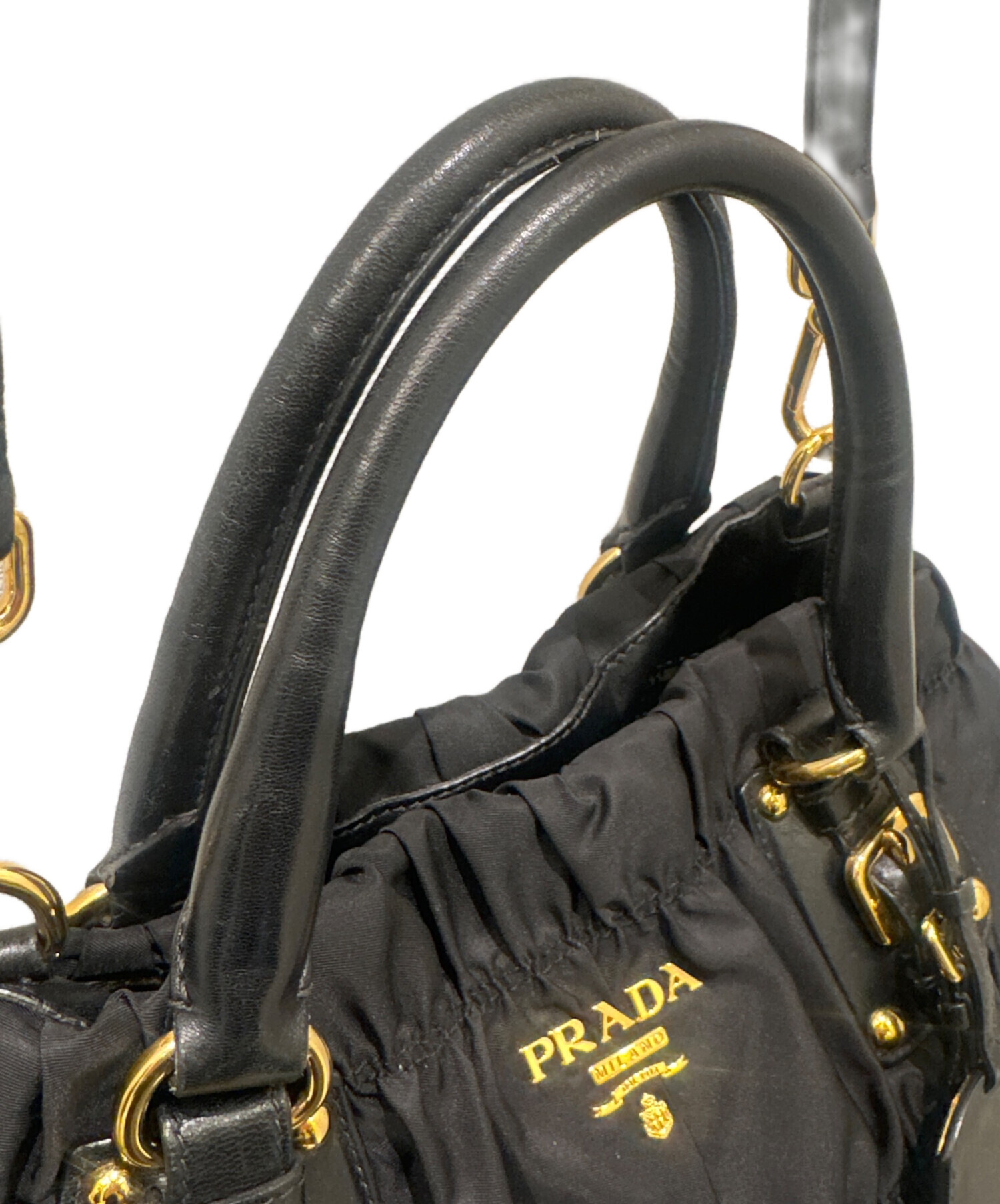 中古・古着通販】PRADA (プラダ) ギャザーバッグ ブラック×ゴールド 