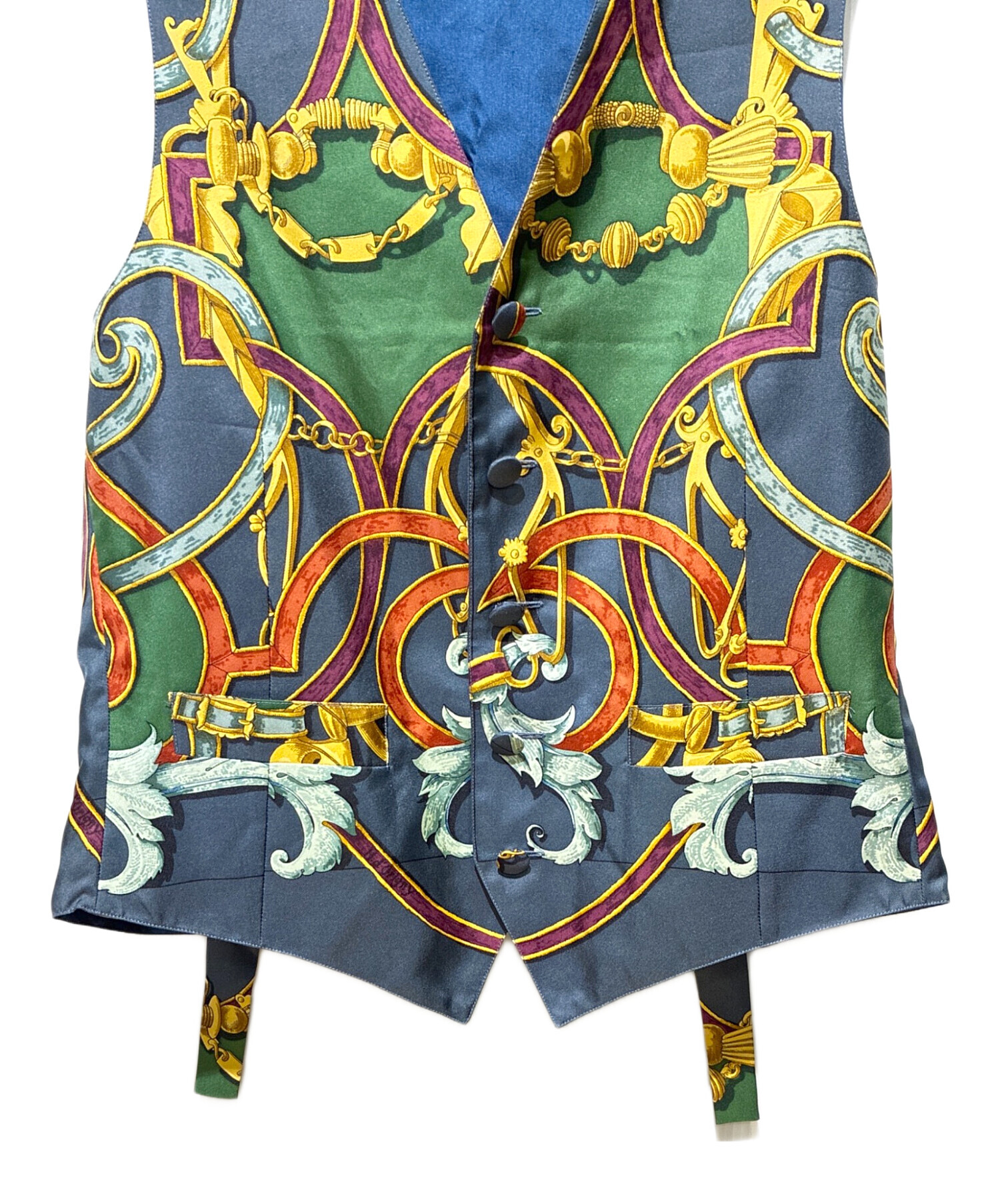 中古・古着通販】HERMES (エルメス) シルクジレ グリーン×ネイビー 