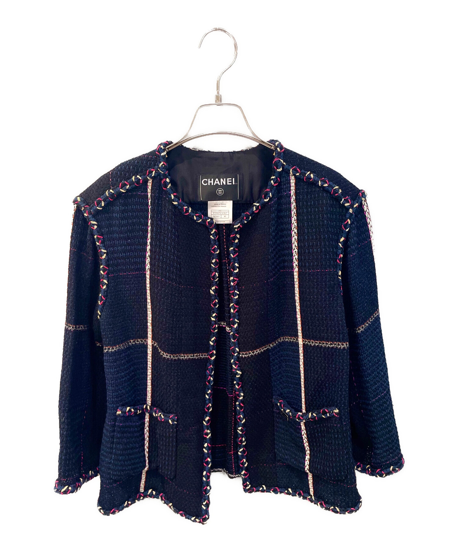 CHANEL ネイビー ノーカラー ツイードジャケット 中古・古着通販】CHANEL (シャネル) ノーカラーツイードジャケット